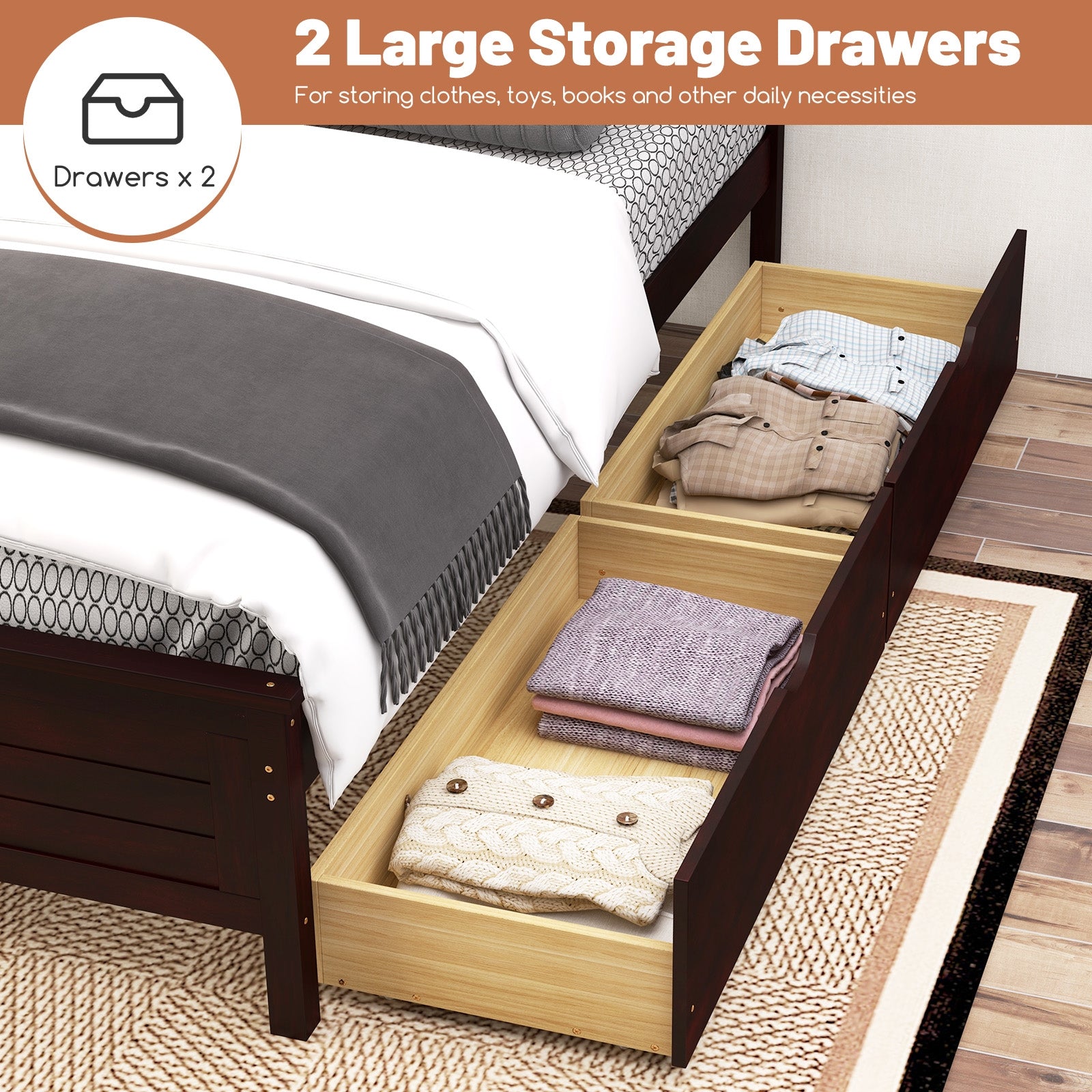 Twin Size Bed Frame with Storage Drawers, Espresso Trundle Bed Frame   at Gallery Canada