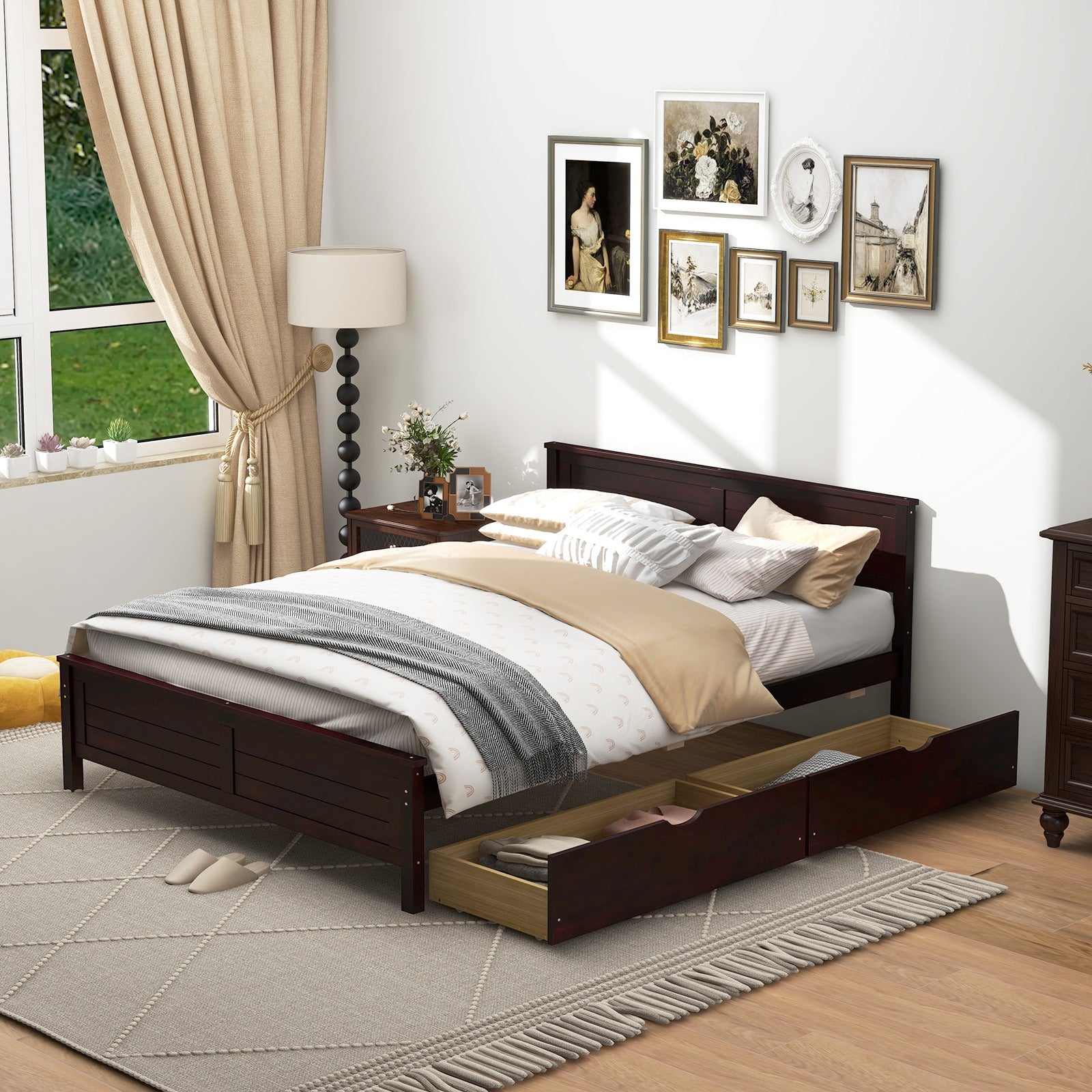 Full Size Bed Frame with Storage Drawers and Solid Wood Headboard, Espresso Simple Bed Frame   at Gallery Canada