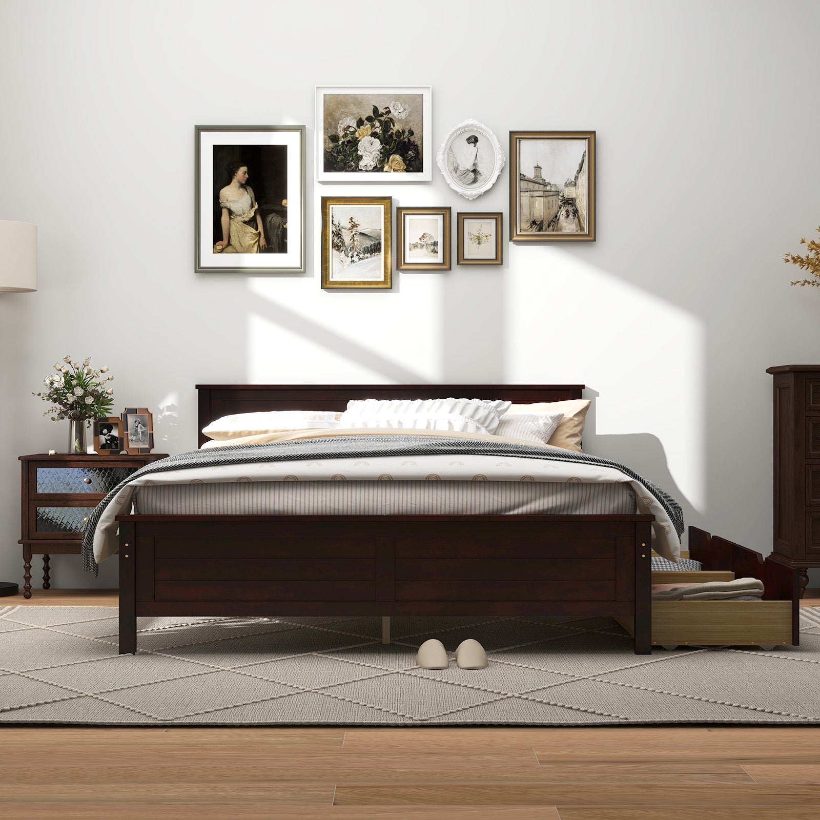 Full Size Bed Frame with Storage Drawers and Solid Wood Headboard, Espresso Simple Bed Frame   at Gallery Canada