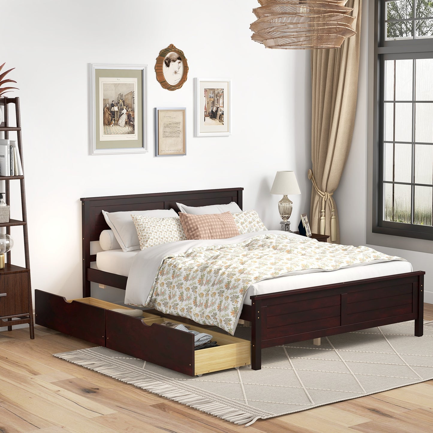 Full Size Bed Frame with Storage Drawers and Solid Wood Headboard, Espresso Simple Bed Frame   at Gallery Canada