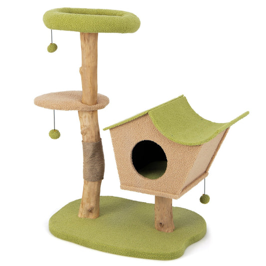 43 Inch Wooden Cat Tree with Padded Top Perch, Green Cat Trees Condos & Scratchers   at Gallery Canada