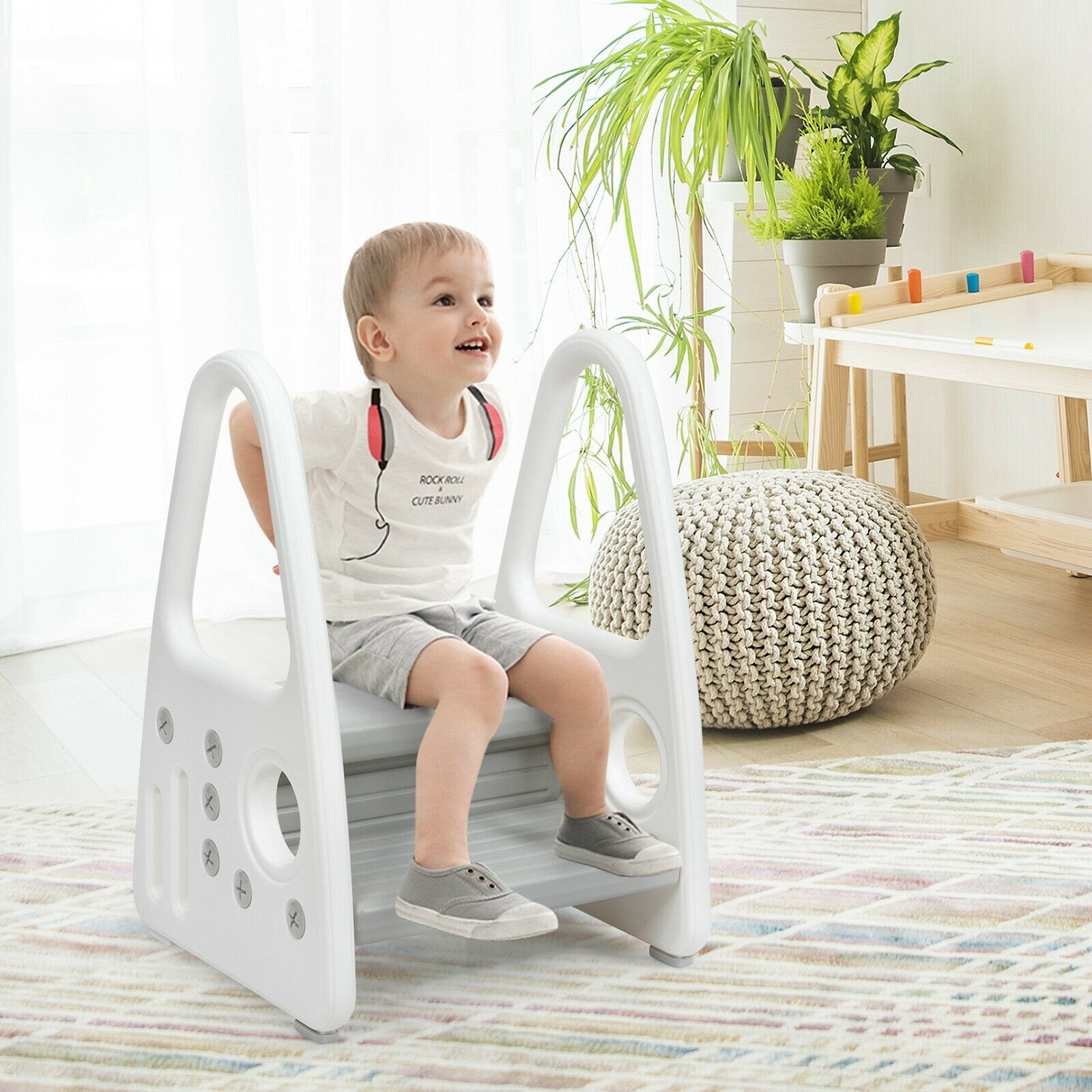 Kids Step Stool Learning Helper with Armrest for Kitchen Toilet Potty Training, Gray Toddler & Kids Furniture   at Gallery Canada