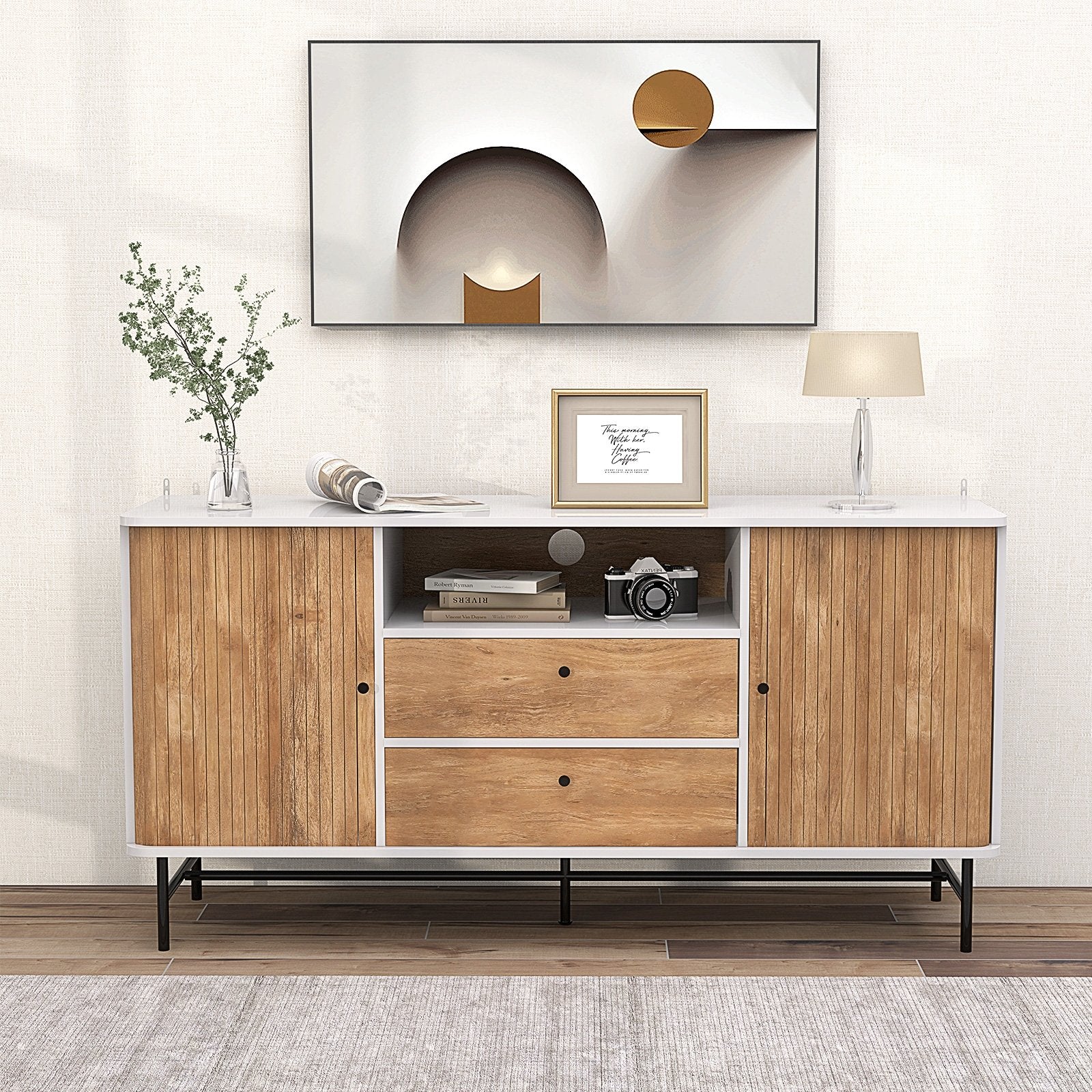 Mid Century Modern Buffet Sideboard with Sliding Tambour Doors and 2 Storage Drawers, White Sideboards Cabinets & Buffets   at Gallery Canada