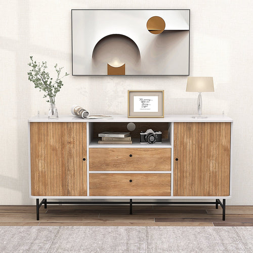 Mid Century Modern Buffet Sideboard with Sliding Tambour Doors and 2 Storage Drawers, White