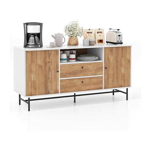 Mid Century Modern Buffet Sideboard with Sliding Tambour Doors and 2 Storage Drawers, White