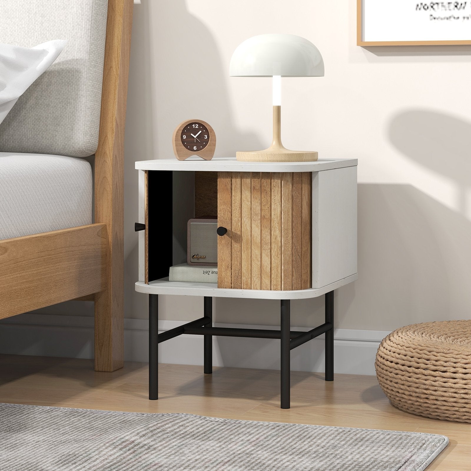 Mid-century Modern Nightstand with Sliding Doors and Storage Cabinet, White Nightstands   at Gallery Canada