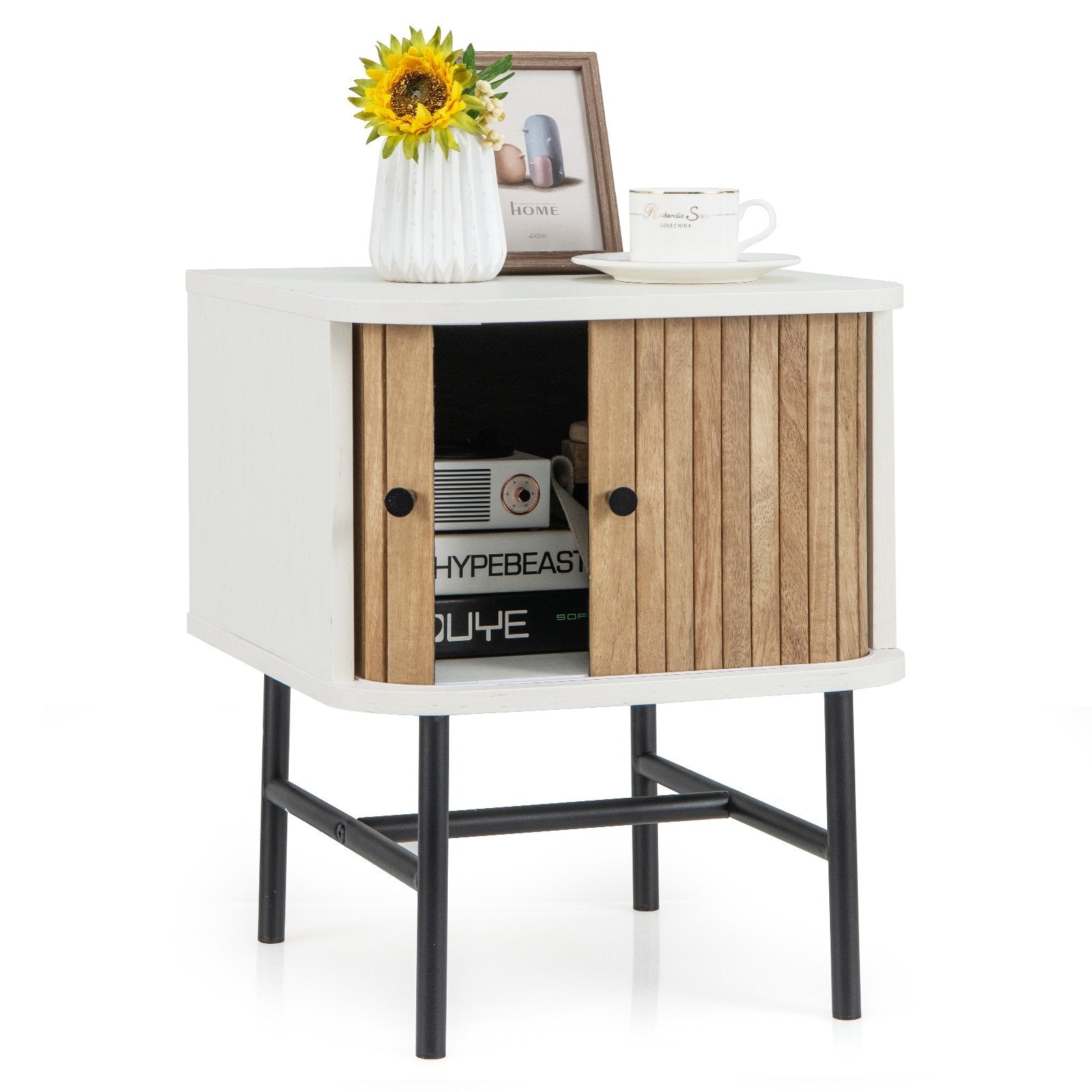 Mid-century Modern Nightstand with Sliding Doors and Storage Cabinet, White Nightstands   at Gallery Canada