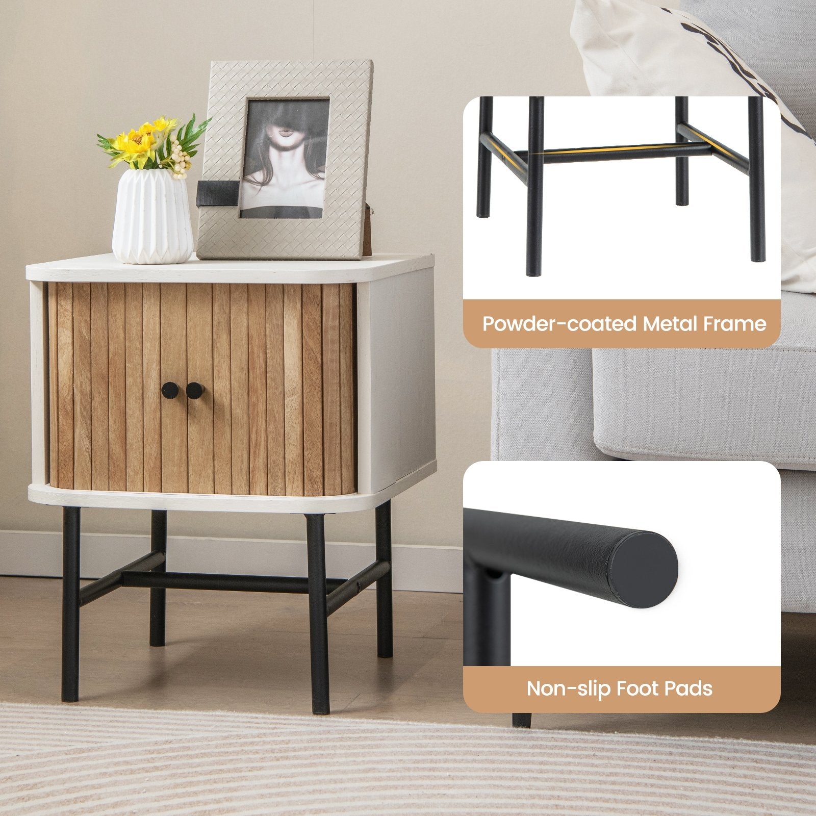 Mid-century Modern Nightstand with Sliding Doors and Storage Cabinet, White Nightstands   at Gallery Canada