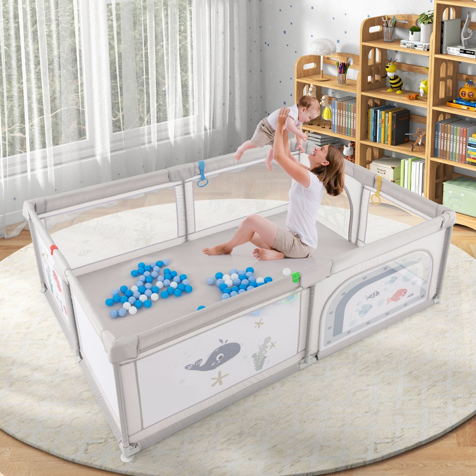 Large Baby Playpen with Pull Rings Ocean Balls and Cute Pattern-Whale, Gray Baby Playpen & Playards   at Gallery Canada