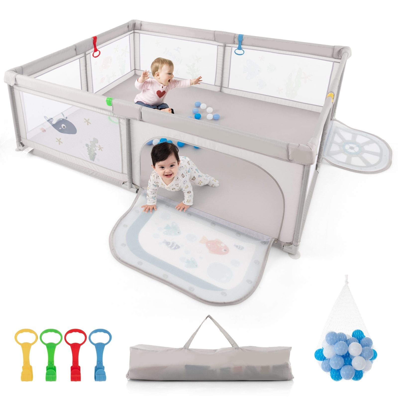 Large Baby Playpen with Pull Rings Ocean Balls and Cute Pattern-Whale, Gray Baby Playpen & Playards   at Gallery Canada