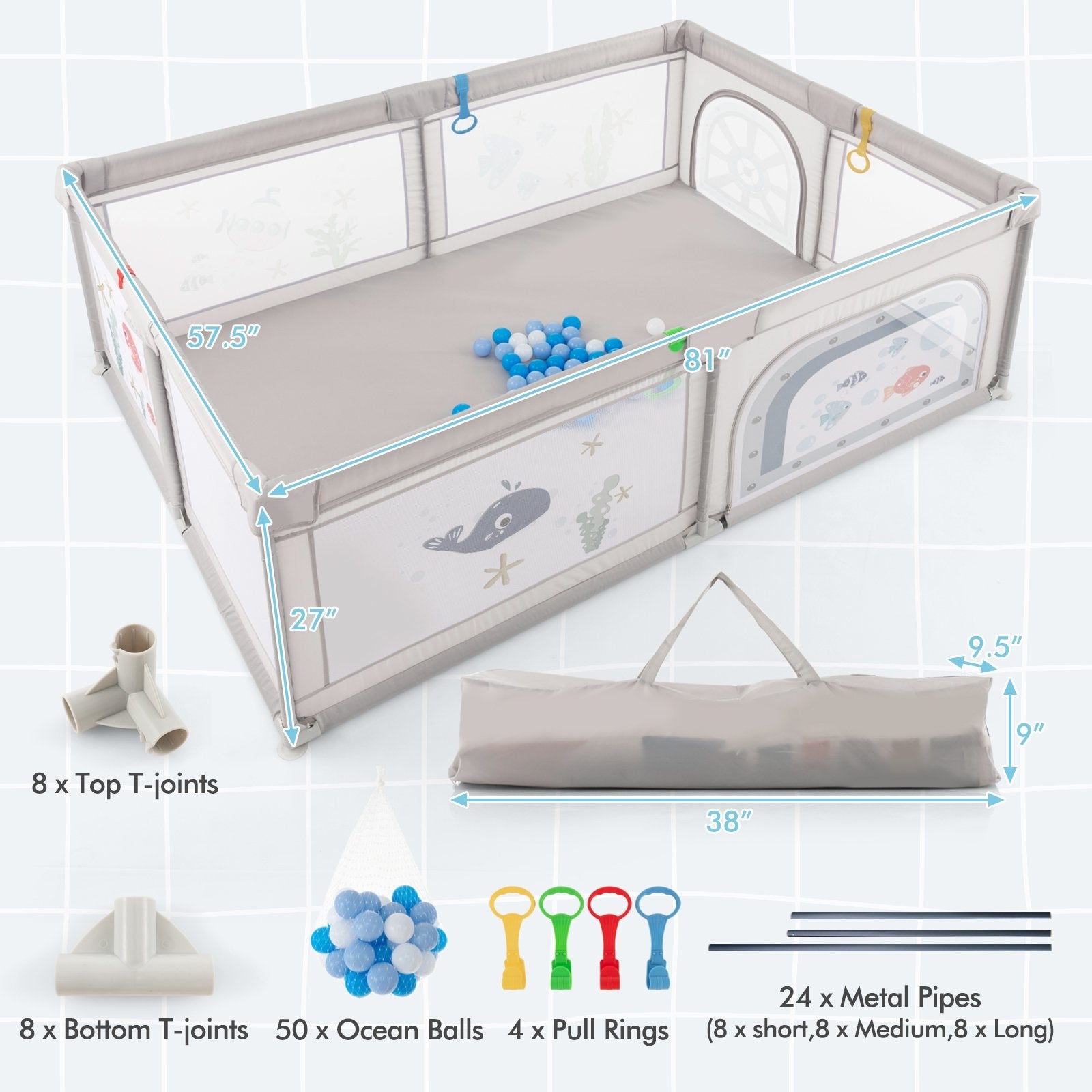 Large Baby Playpen with Pull Rings Ocean Balls and Cute Pattern-Whale, Gray Baby Playpen & Playards   at Gallery Canada