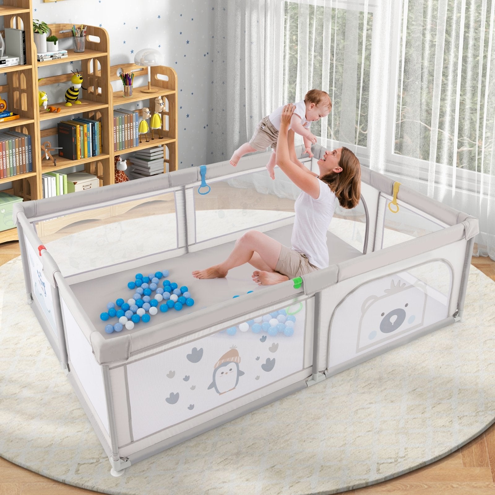 Large Baby Playpen with Pull Rings Ocean Balls and Cute Pattern-Penguin, Gray Baby Playpen & Playards   at Gallery Canada