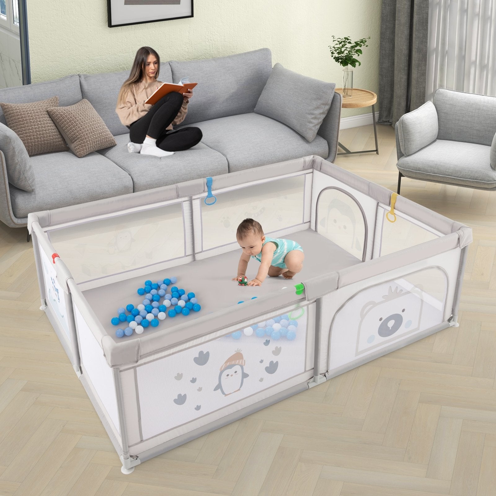 Large Baby Playpen with Pull Rings Ocean Balls and Cute Pattern-Penguin, Gray Baby Playpen & Playards   at Gallery Canada