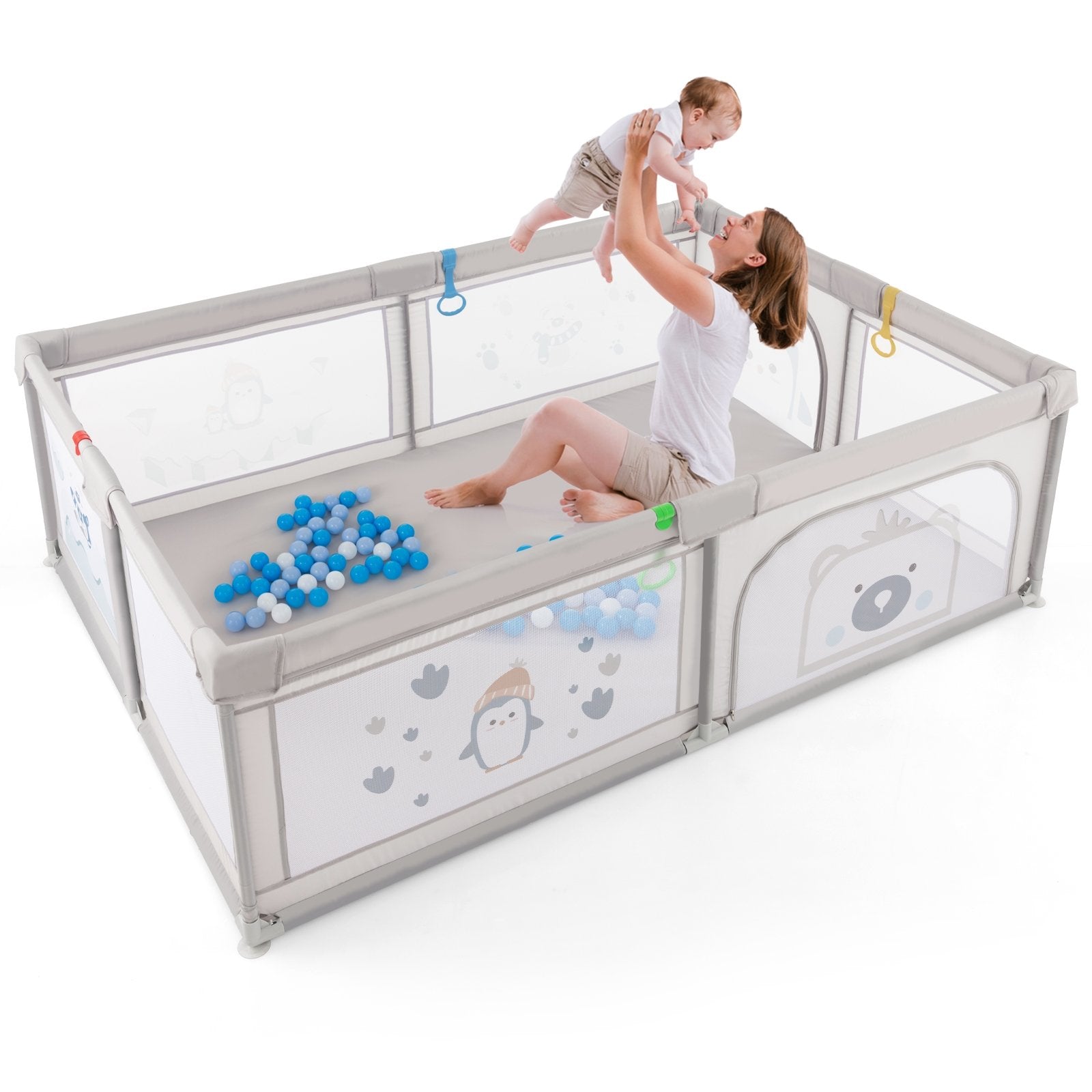 Large Baby Playpen with Pull Rings Ocean Balls and Cute Pattern-Penguin, Gray Baby Playpen & Playards   at Gallery Canada