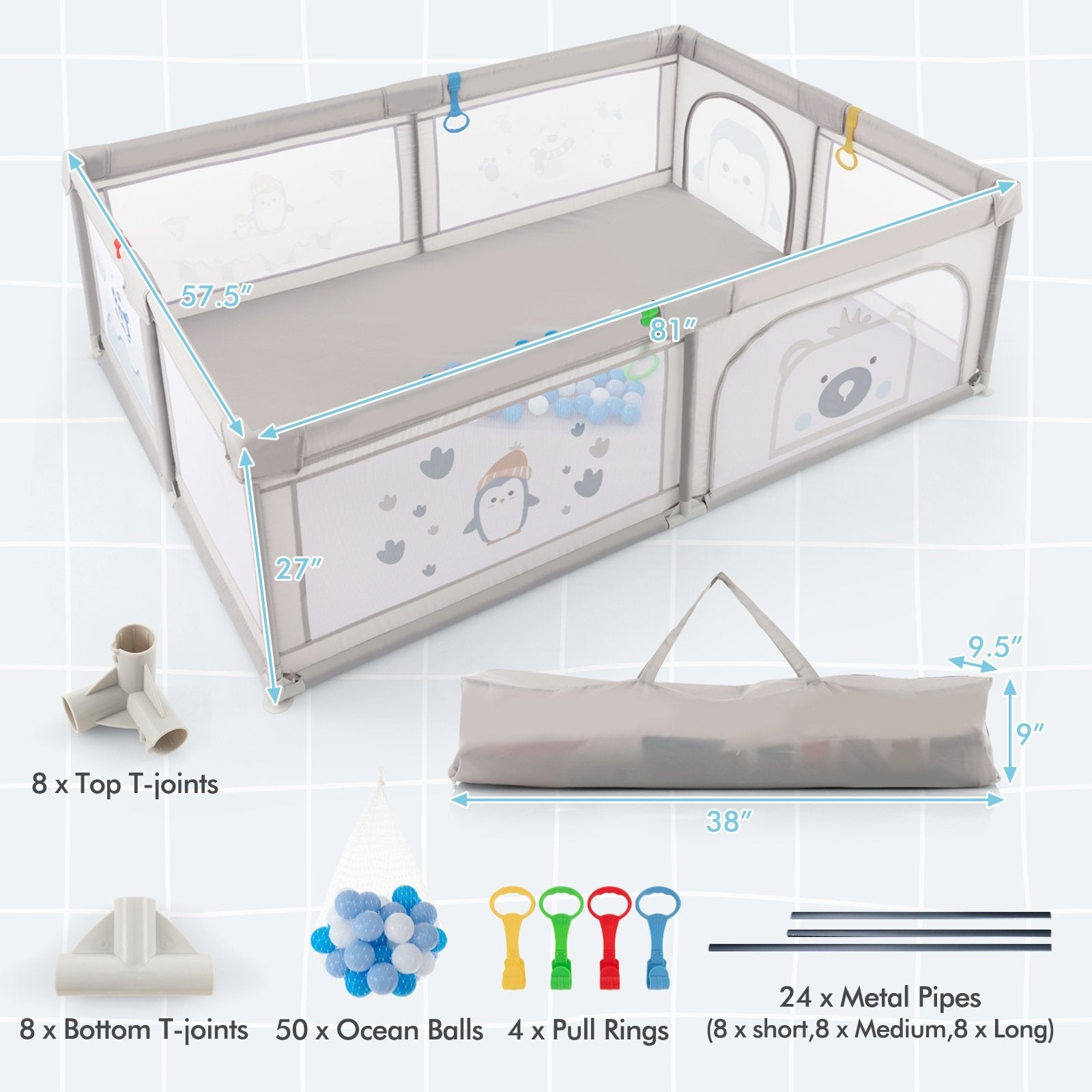 Large Baby Playpen with Pull Rings Ocean Balls and Cute Pattern-Penguin, Gray Baby Playpen & Playards   at Gallery Canada