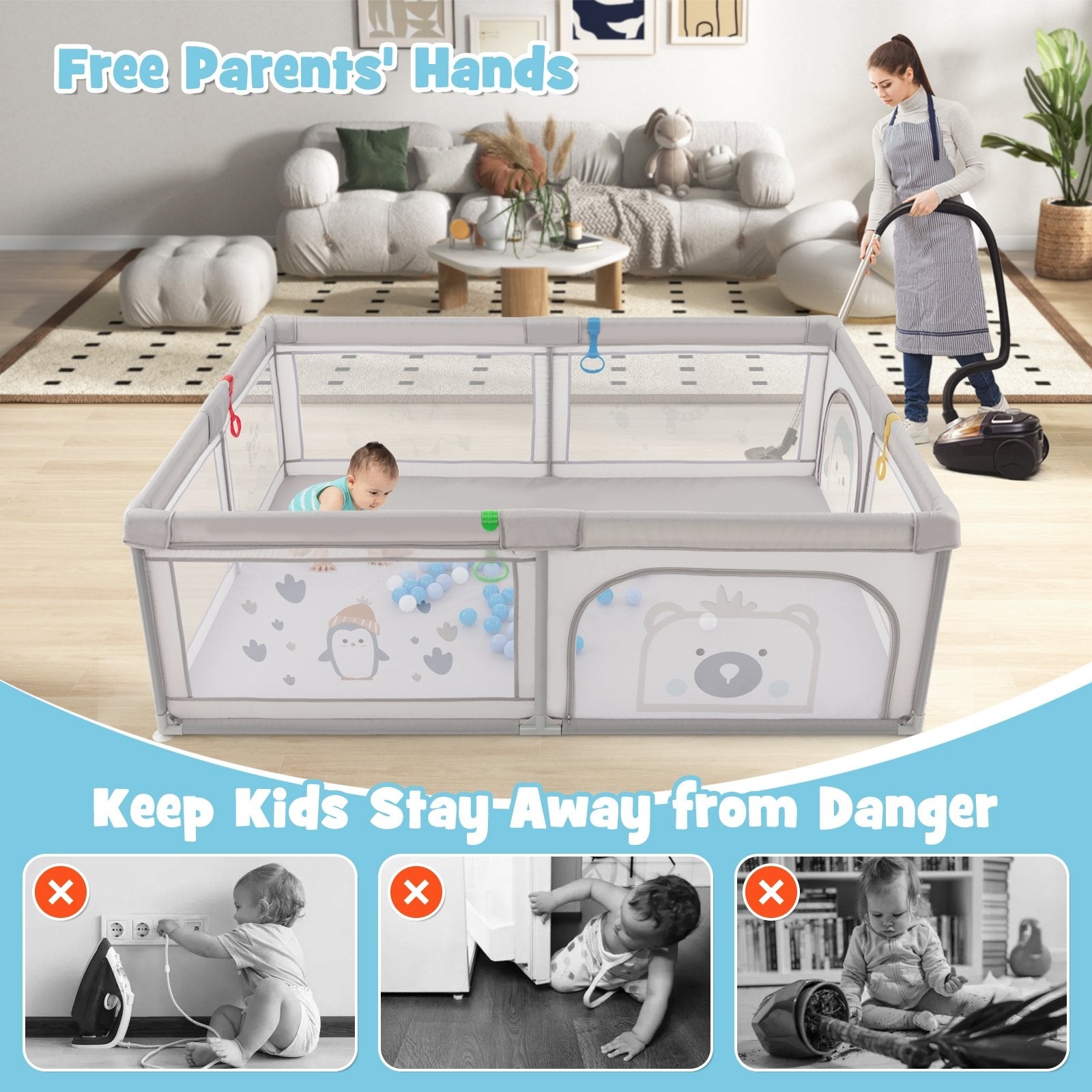 Large Baby Playpen with Pull Rings Ocean Balls and Cute Pattern-Penguin, Gray Baby Playpen & Playards   at Gallery Canada