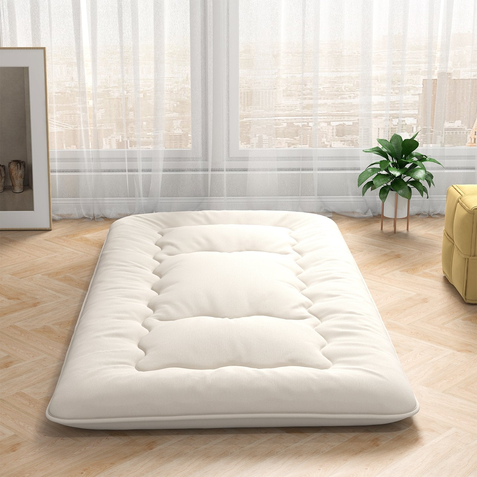 Queen/King/Twin/Full Futon Mattress Floor Sleeping Pad with Washable Cover Beige-Twin Size, Beige Mattresses   at Gallery Canada