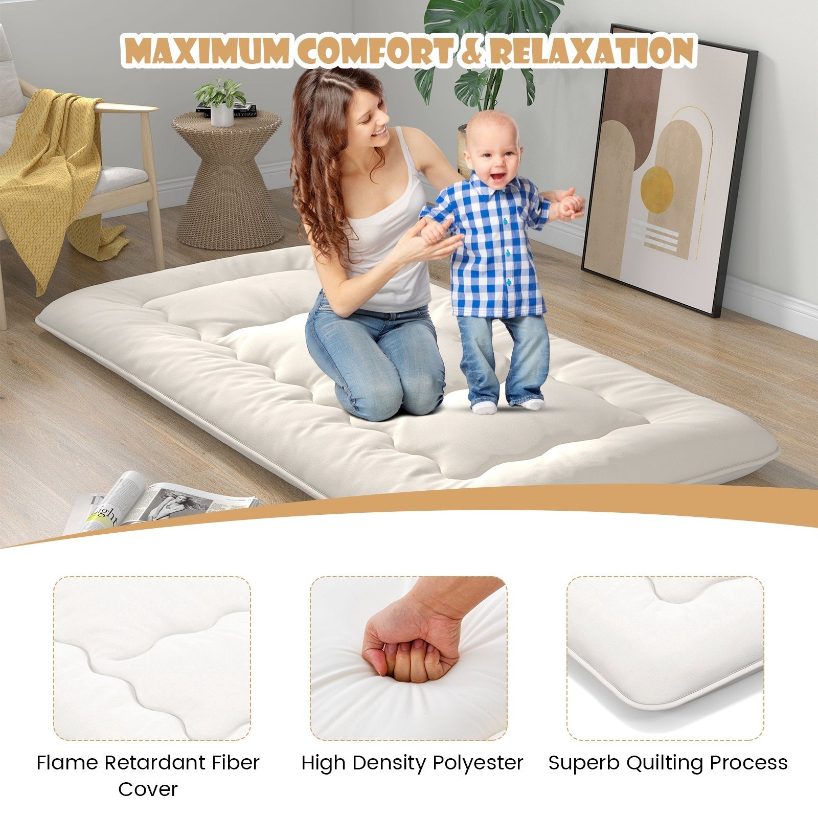 Queen/King/Twin/Full Futon Mattress Floor Sleeping Pad with Washable Cover Beige-Twin Size, Beige Mattresses   at Gallery Canada