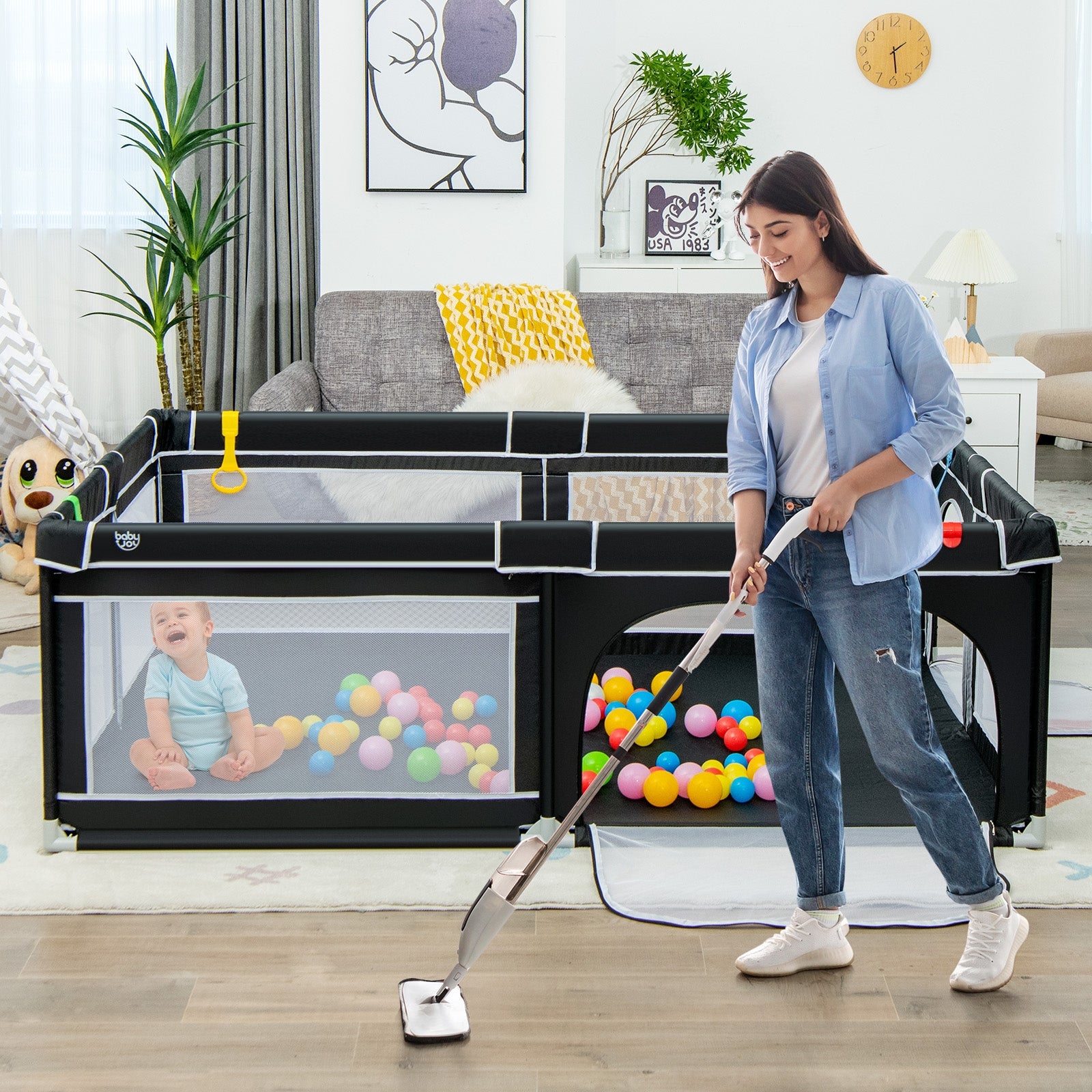 81 x 59 Inch Portable Baby Playpen with Ocean Balls and Handlebars, Black Baby Playpen & Playards at Gallery Canada