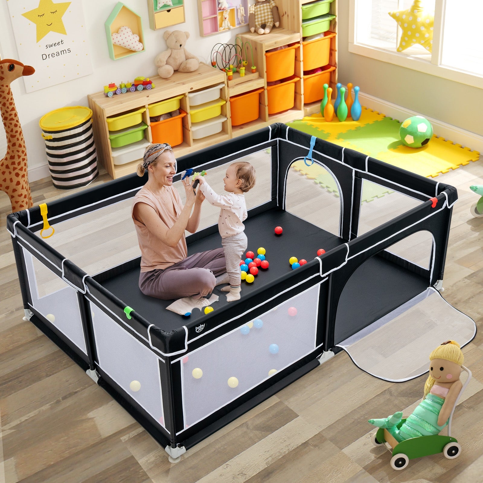 81 x 59 Inch Portable Baby Playpen with Ocean Balls and Handlebars, Black Baby Playpen & Playards at Gallery Canada