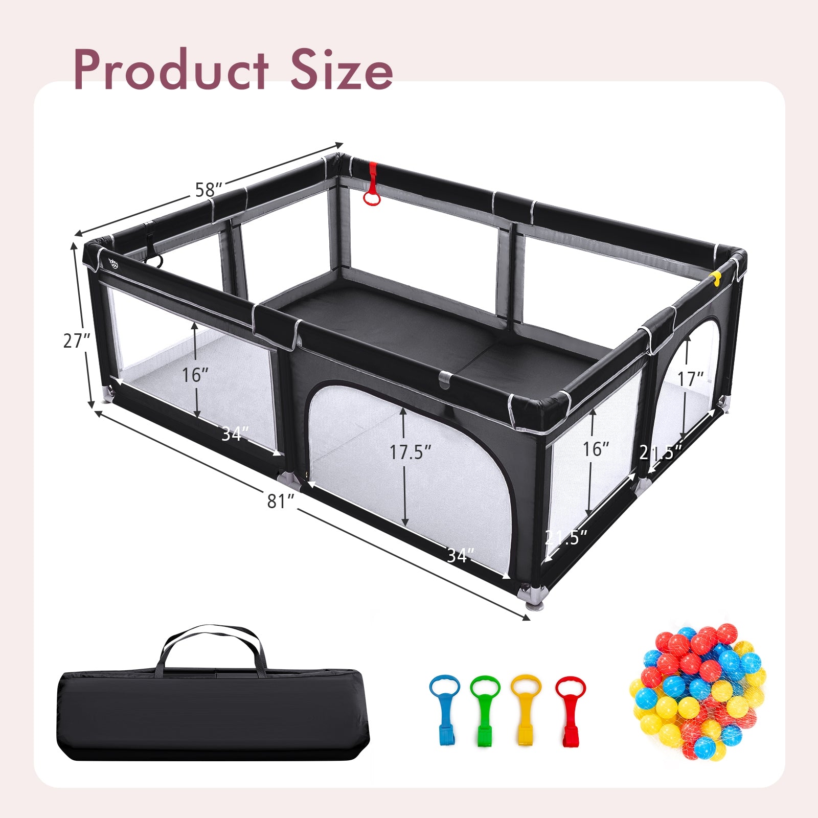 81 x 59 Inch Portable Baby Playpen with Ocean Balls and Handlebars, Black Baby Playpen & Playards at Gallery Canada