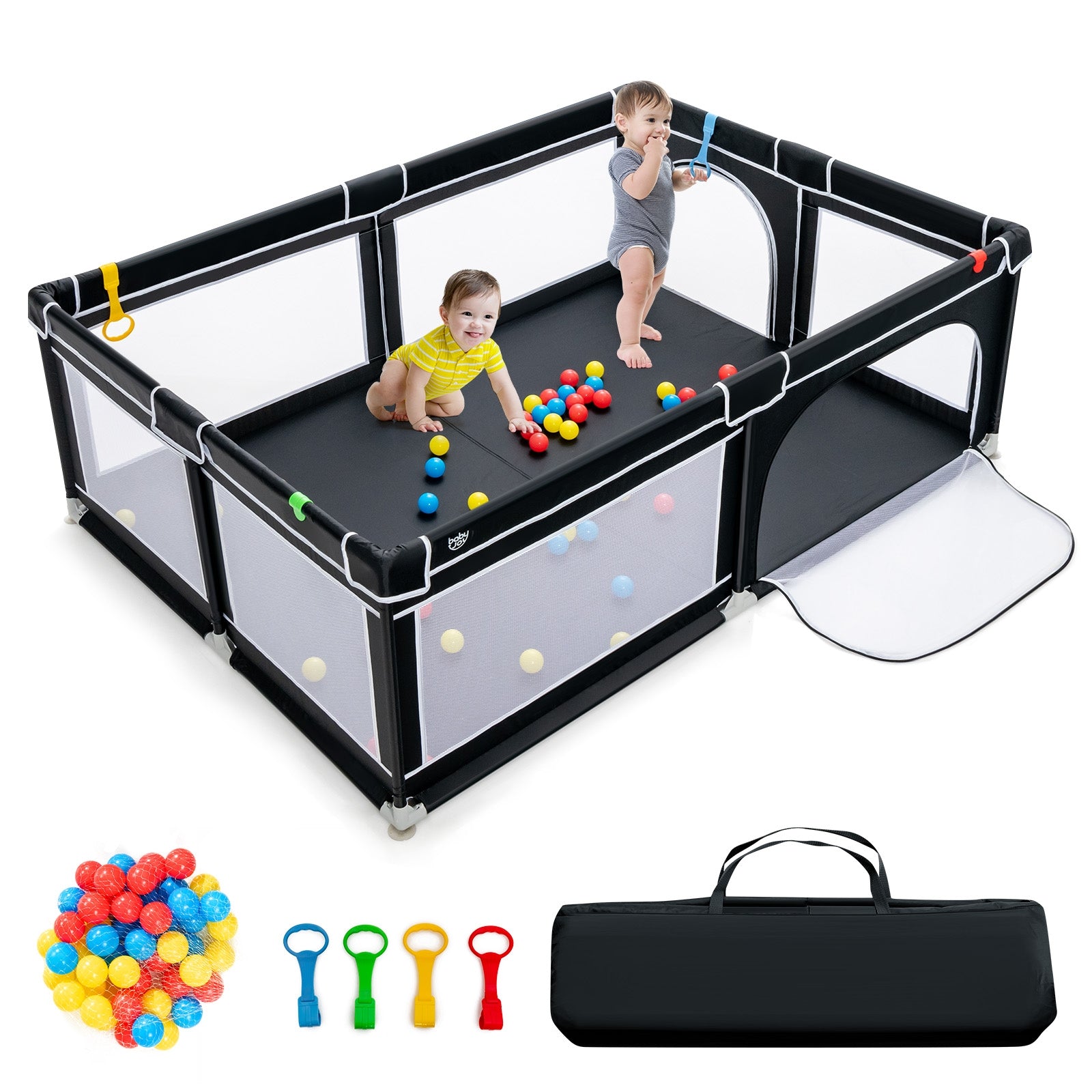 81 x 59 Inch Portable Baby Playpen with Ocean Balls and Handlebars, Black Baby Playpen & Playards at Gallery Canada