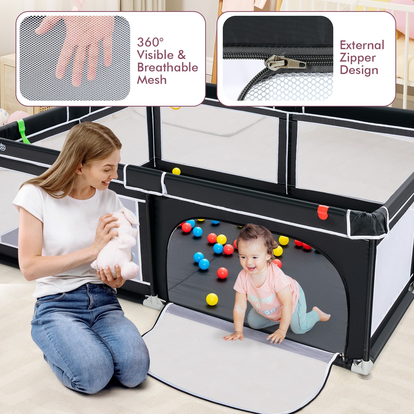 81 x 59 Inch Portable Baby Playpen with Ocean Balls and Handlebars, Black Baby Playpen & Playards at Gallery Canada