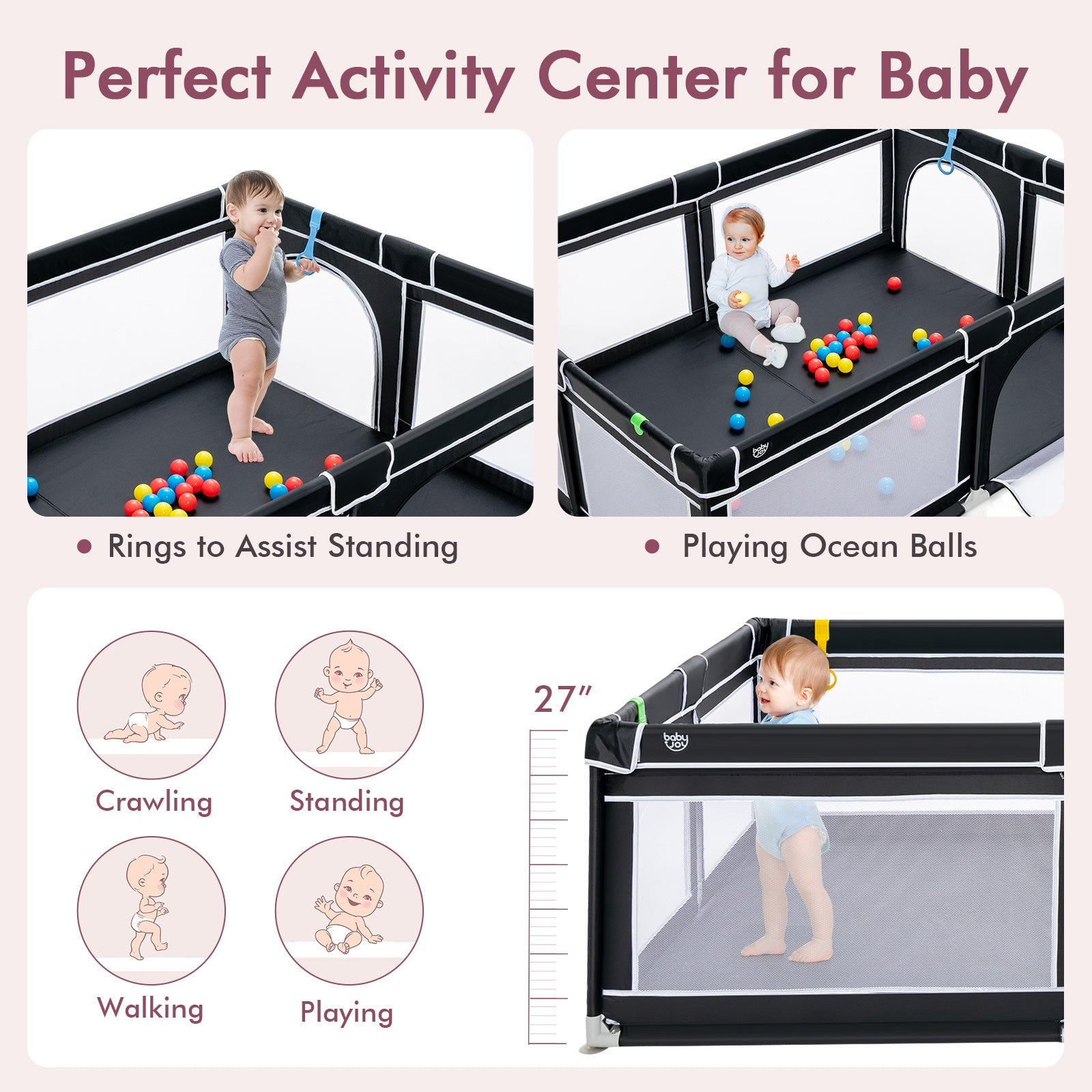 81 x 59 Inch Portable Baby Playpen with Ocean Balls and Handlebars, Black Baby Playpen & Playards at Gallery Canada