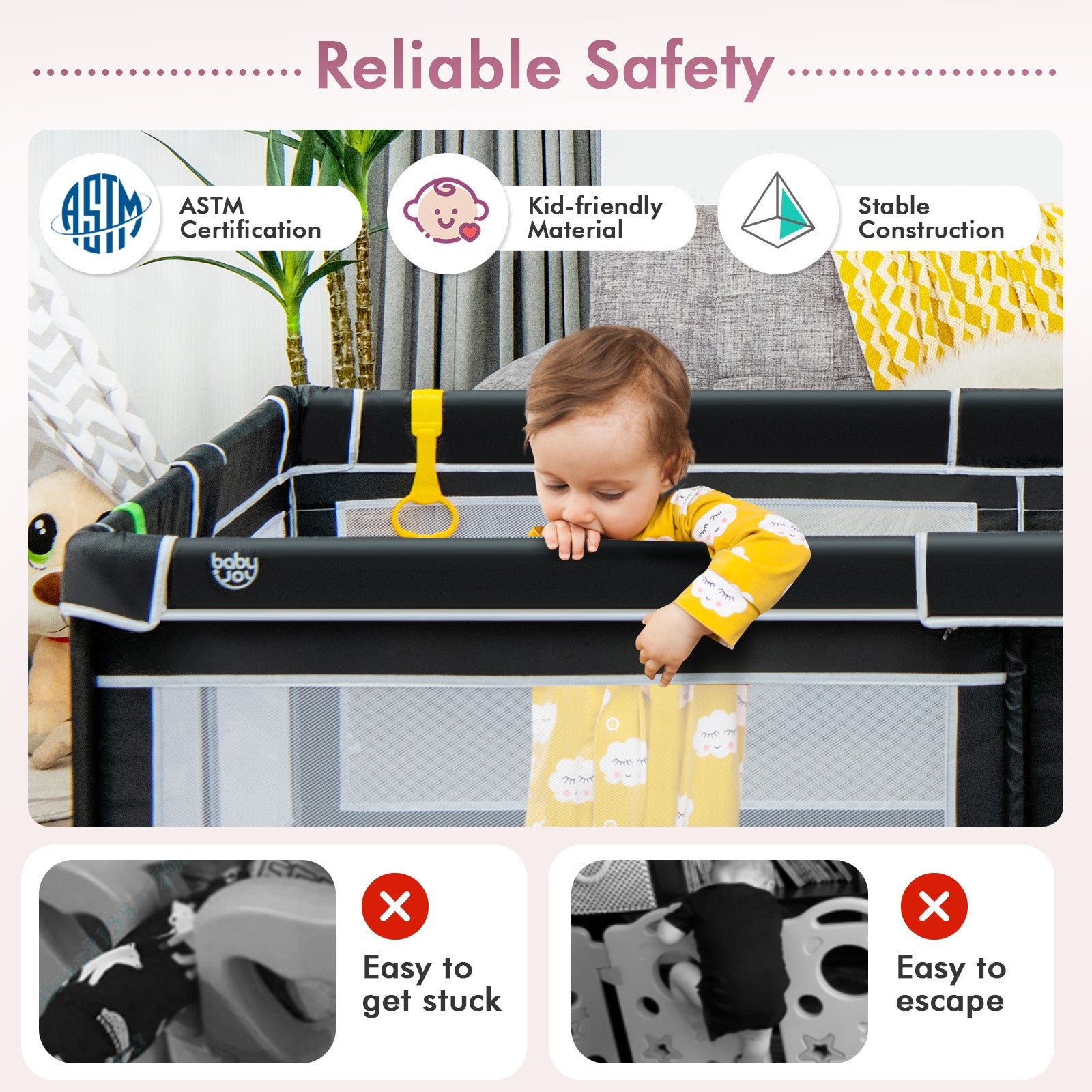 81 x 59 Inch Portable Baby Playpen with Ocean Balls and Handlebars, Black Baby Playpen & Playards at Gallery Canada