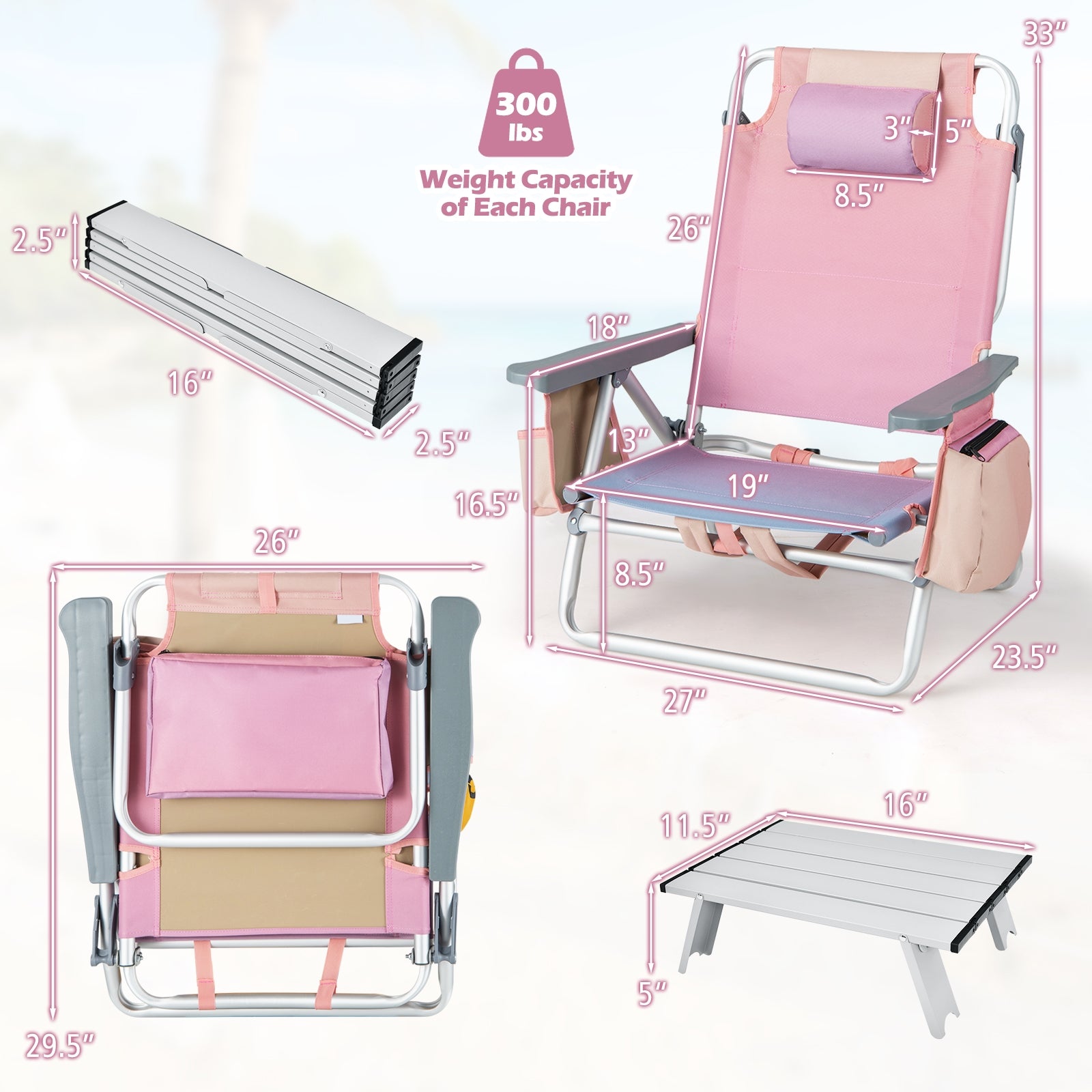 2 Packs 5-Position Outdoor Folding Backpack Beach Table Chair Reclining Chair Set, Light Pink Beach & Lawn Chairs at Gallery Canada