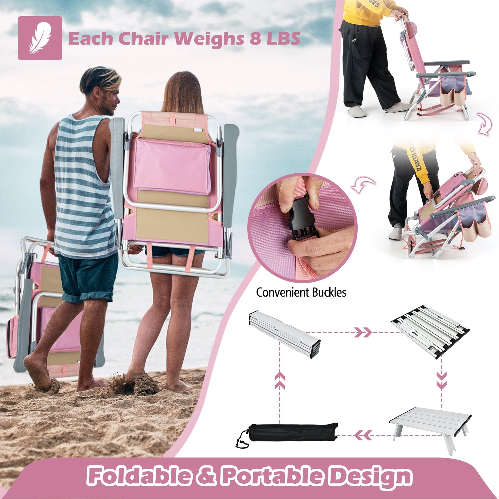 2 Packs 5-Position Outdoor Folding Backpack Beach Table Chair Reclining Chair Set, Light Pink Beach & Lawn Chairs at Gallery Canada