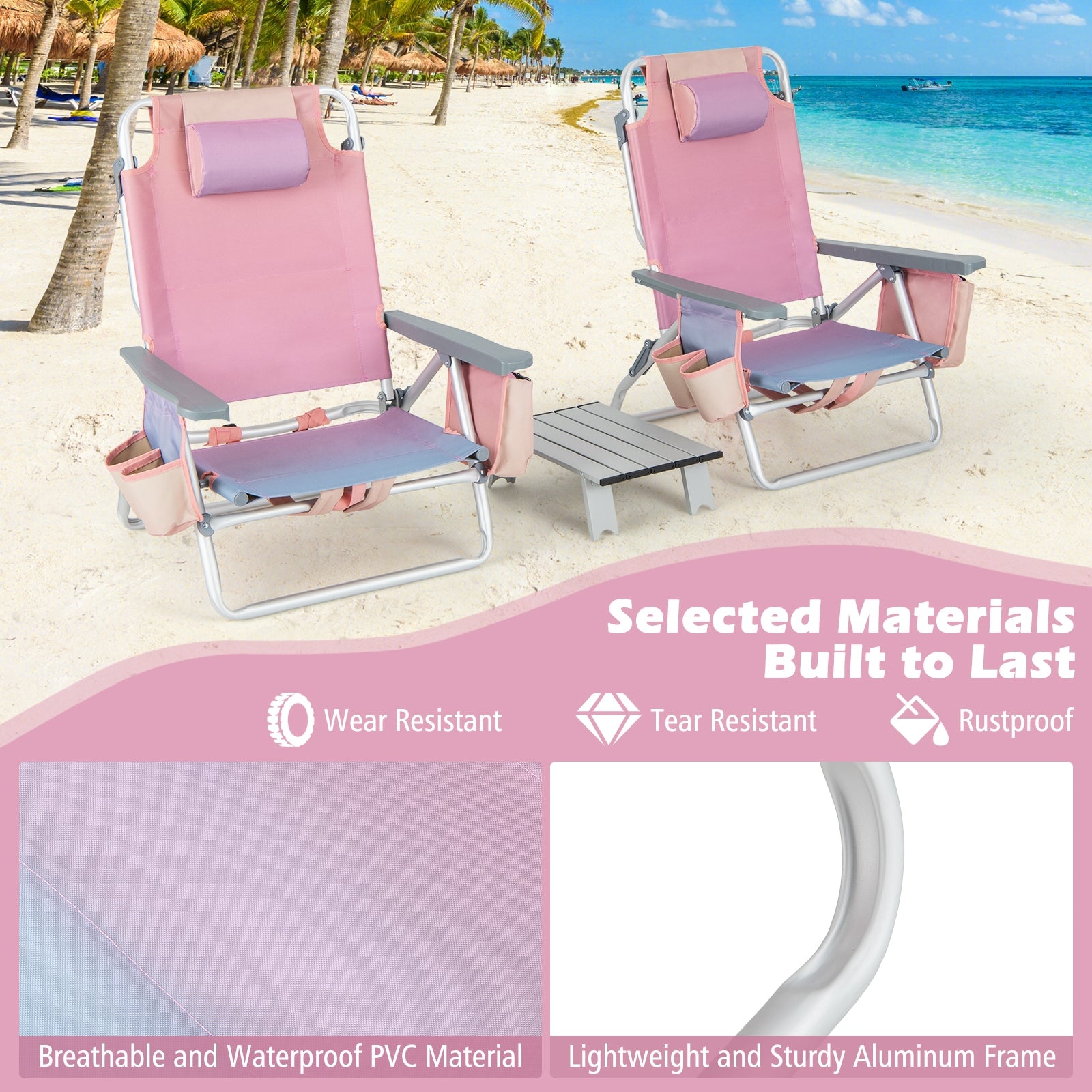 2 Packs 5-Position Outdoor Folding Backpack Beach Table Chair Reclining Chair Set, Light Pink Beach & Lawn Chairs at Gallery Canada