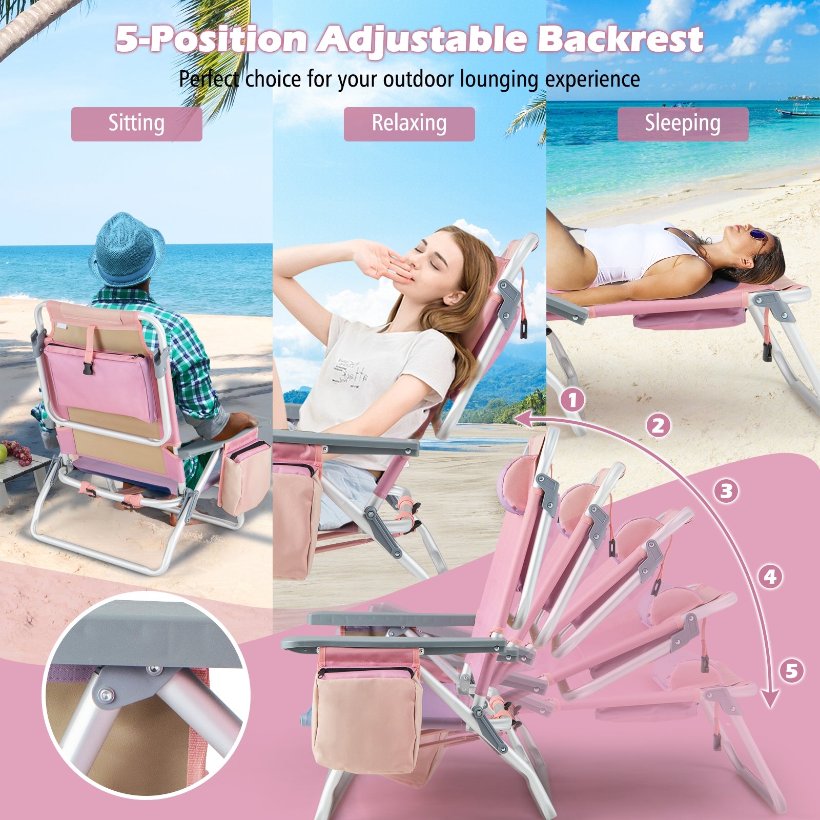 2 Packs 5-Position Outdoor Folding Backpack Beach Table Chair Reclining Chair Set, Light Pink Beach & Lawn Chairs at Gallery Canada