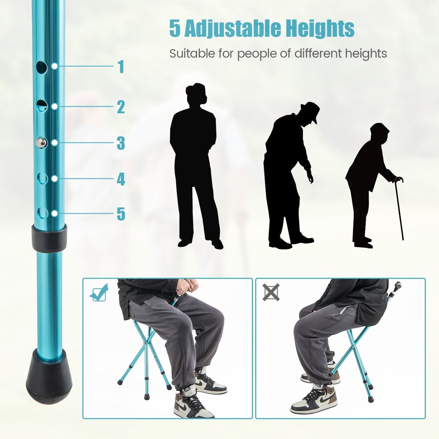 Lightweight Adjustable Folding Cane Seat with Light, Blue Walkers & Rollators   at Gallery Canada