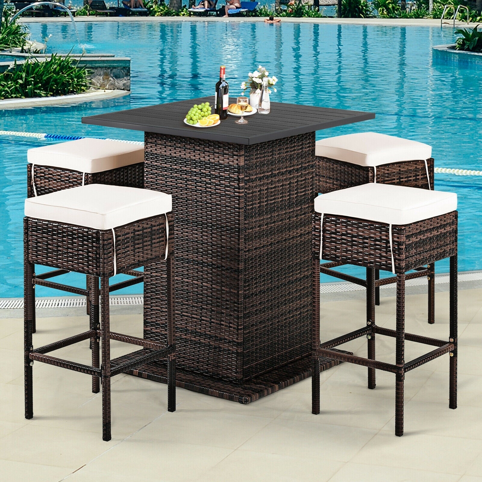 5 Pieces Patio Rattan Bar Table Stool Set Hidden Storage Shelf Cushioned, White Patio Bar Furniture   at Gallery Canada