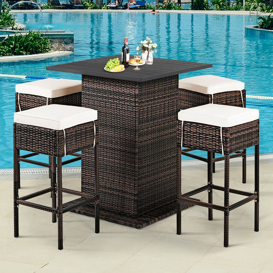 5 Pieces Patio Rattan Bar Table Stool Set Hidden Storage Shelf Cushioned, White - Gallery Canada