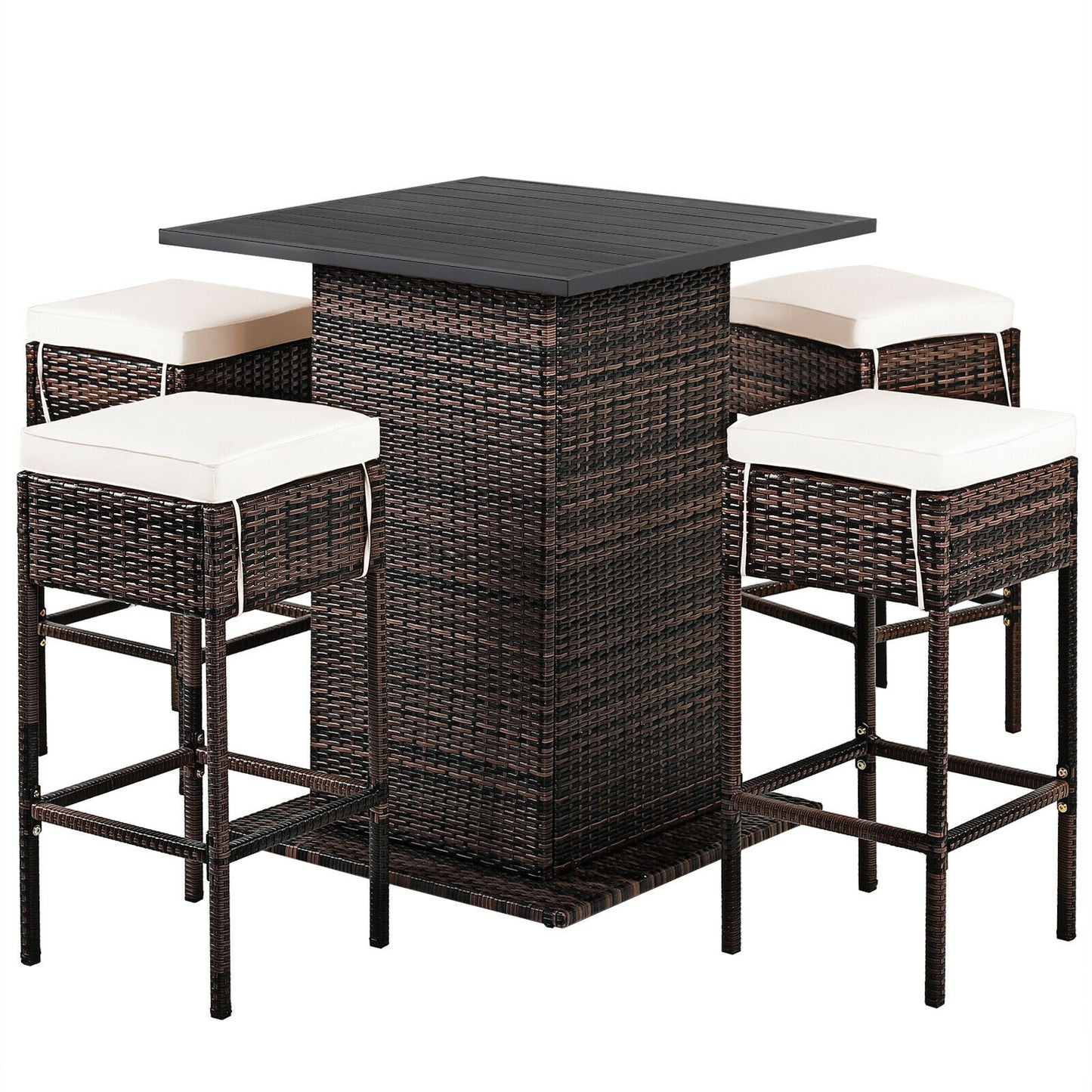 5 Pieces Patio Rattan Bar Table Stool Set Hidden Storage Shelf Cushioned, White Patio Bar Furniture White  at Gallery Canada