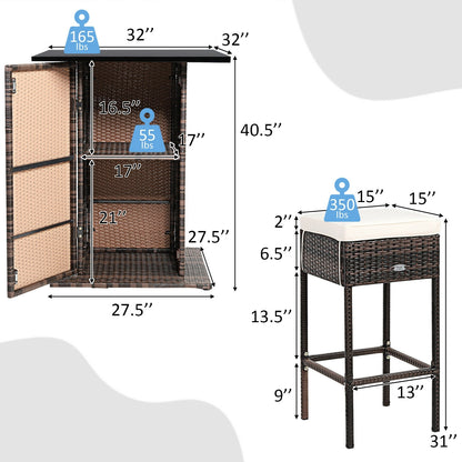 5 Pieces Patio Rattan Bar Table Stool Set Hidden Storage Shelf Cushioned, White Patio Bar Furniture   at Gallery Canada