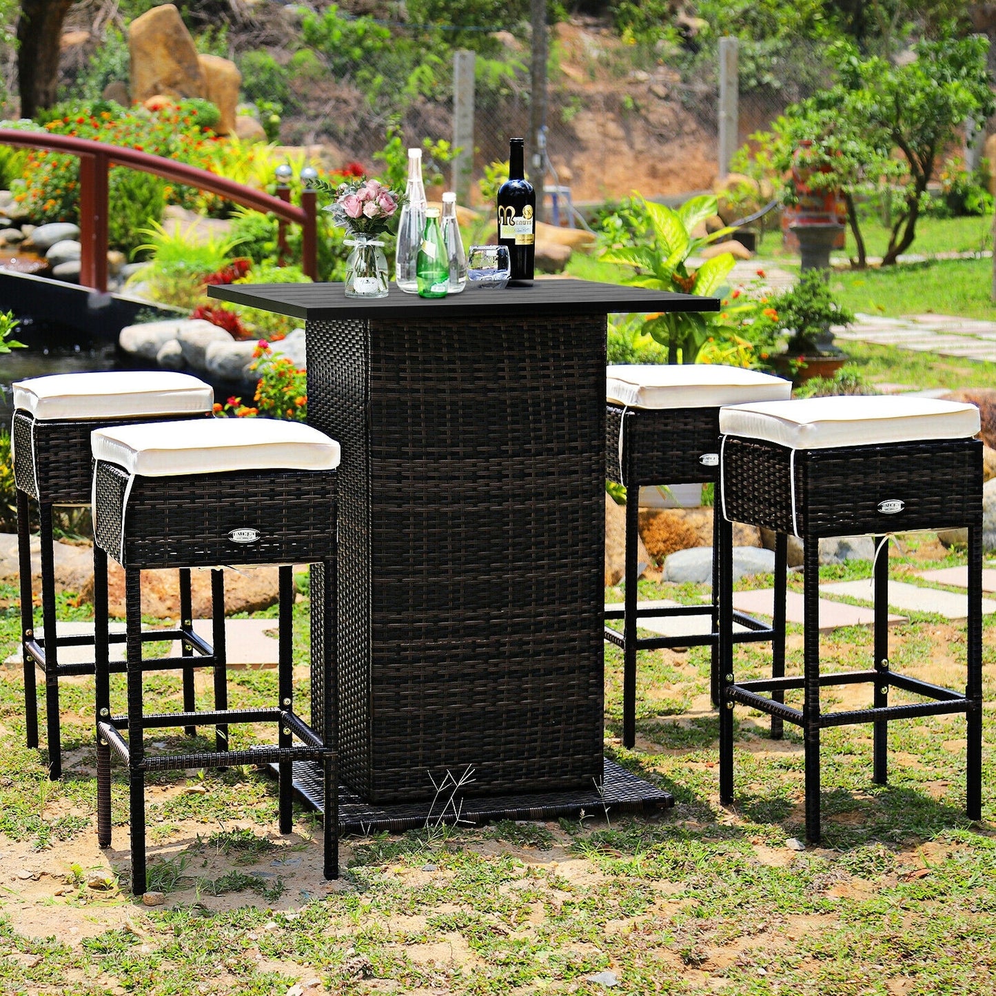 5 Pieces Patio Rattan Bar Table Stool Set Hidden Storage Shelf Cushioned, White Patio Bar Furniture   at Gallery Canada