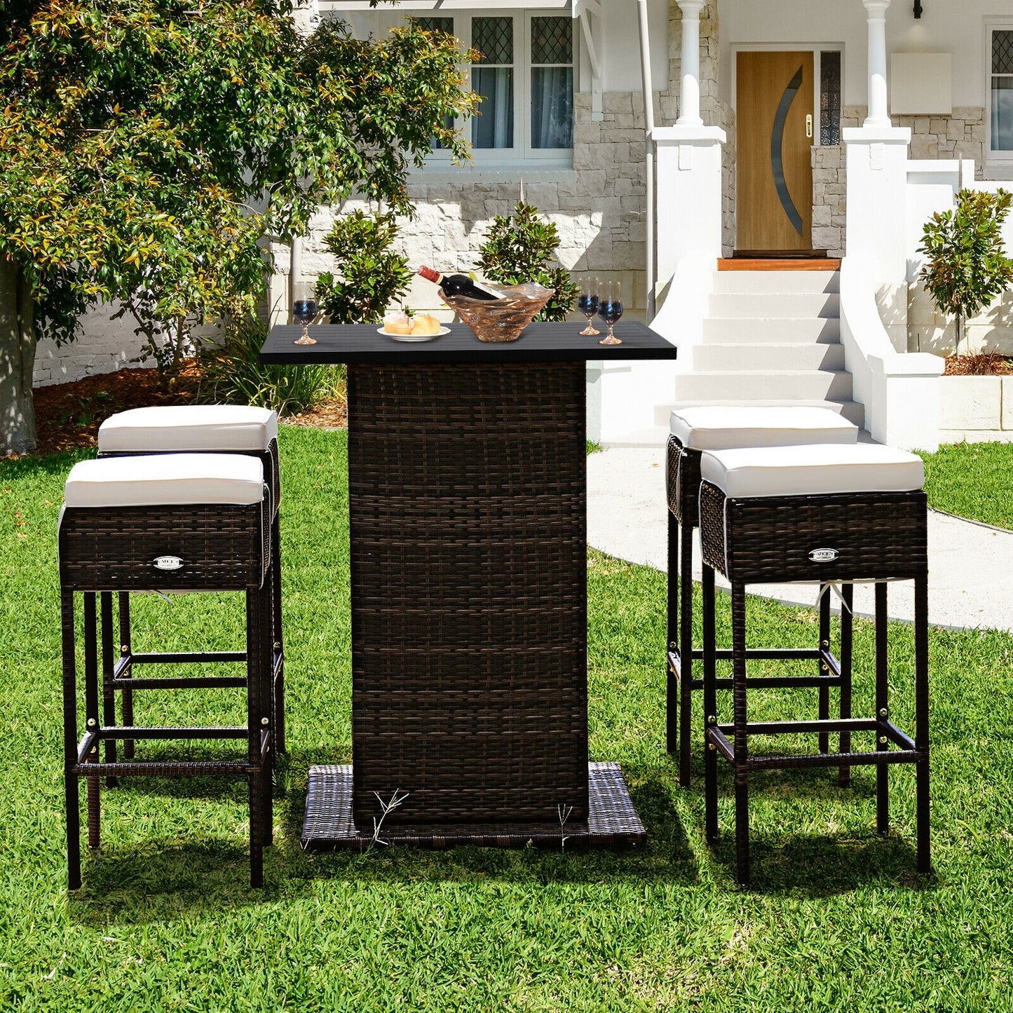 5 Pieces Patio Rattan Bar Table Stool Set Hidden Storage Shelf Cushioned, White Patio Bar Furniture   at Gallery Canada