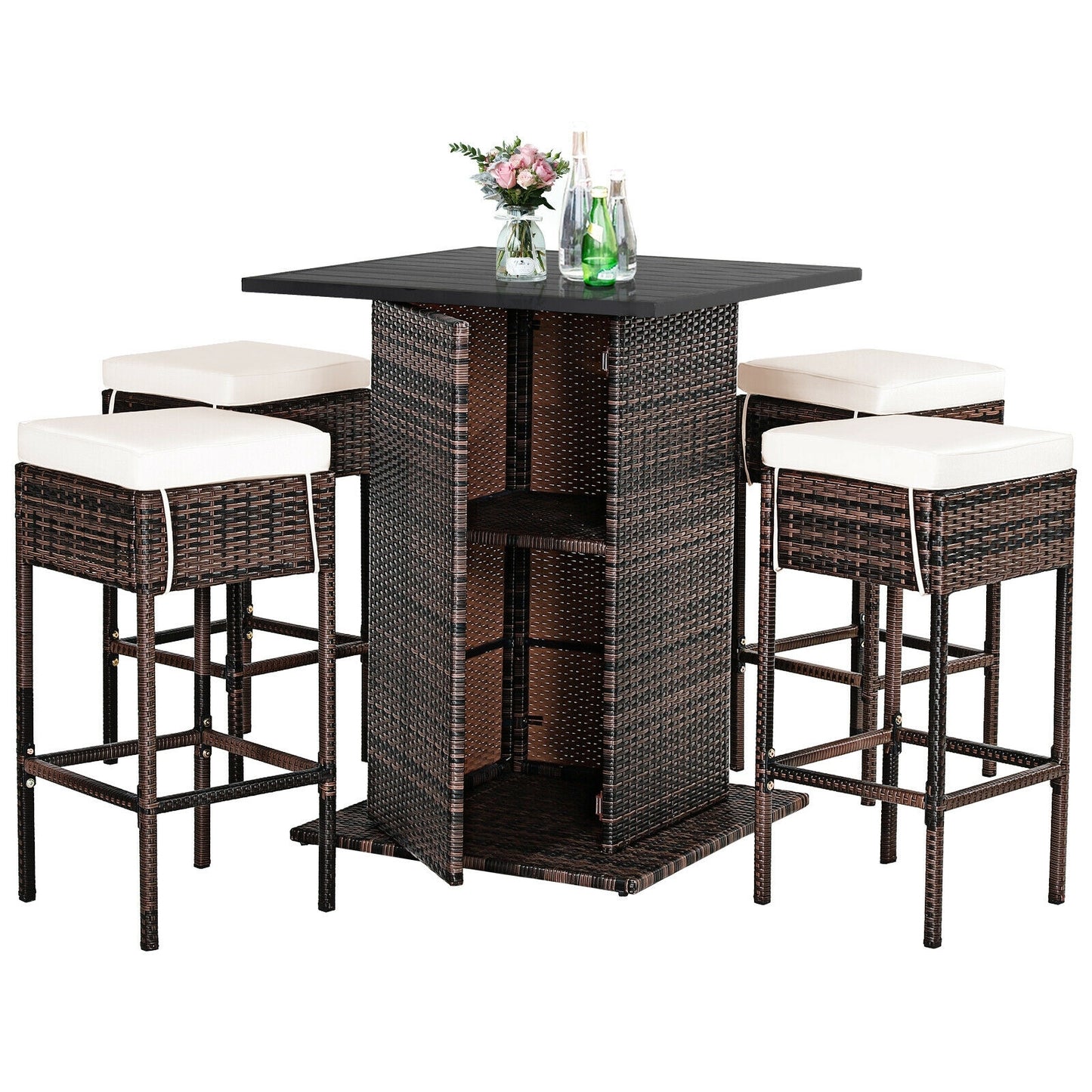 5 Pieces Patio Rattan Bar Table Stool Set Hidden Storage Shelf Cushioned, White Patio Bar Furniture   at Gallery Canada