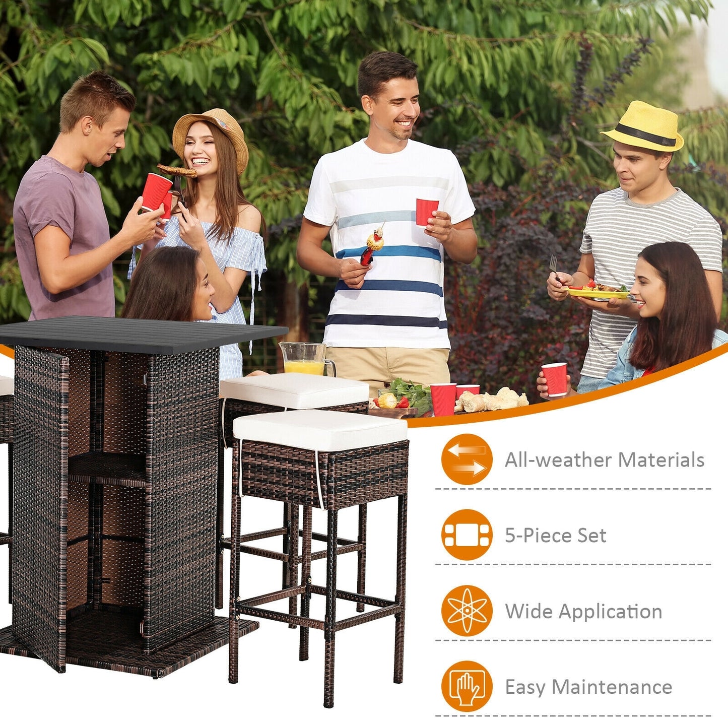 5 Pieces Patio Rattan Bar Table Stool Set Hidden Storage Shelf Cushioned, White Patio Bar Furniture   at Gallery Canada