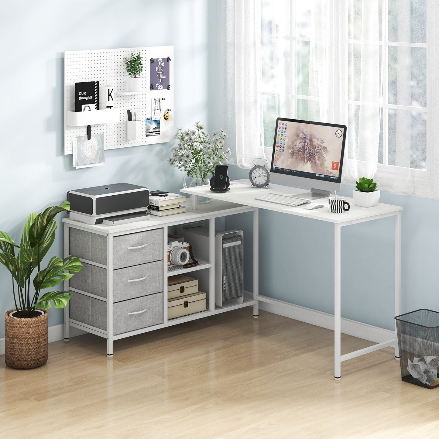 L-shaped Computer Desk with Power Outlet for Working Studying Gaming, White L-Shaped Desks   at Gallery Canada