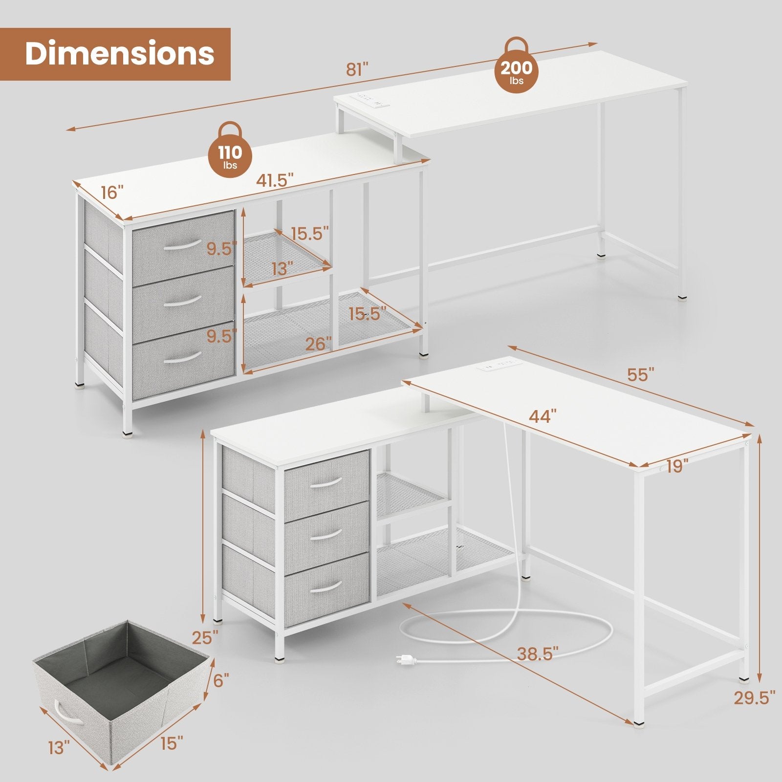 L-shaped Computer Desk with Power Outlet for Working Studying Gaming, White L-Shaped Desks   at Gallery Canada