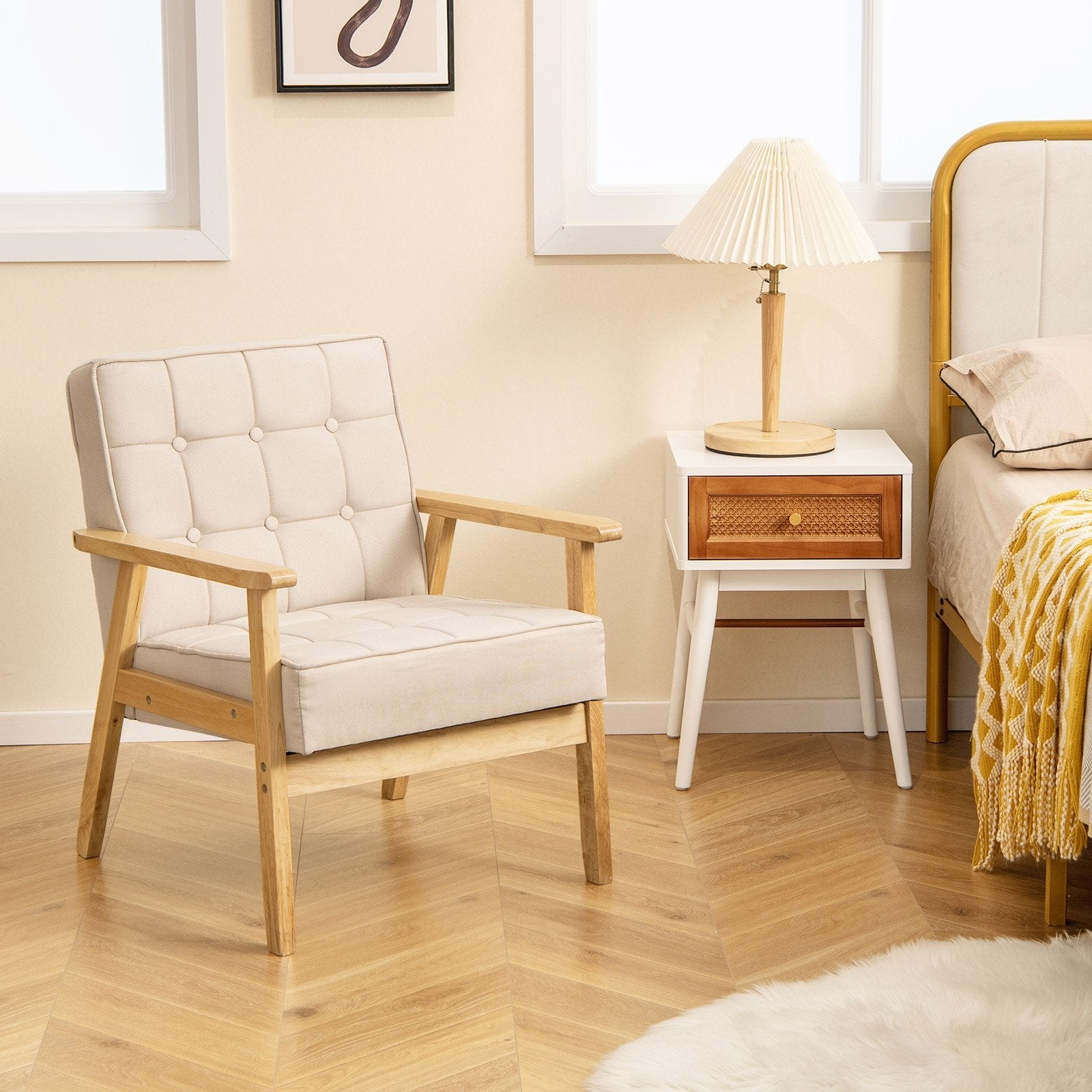 Upholstered Armchair with Rubber Wood Armrests, Beige Accent Chairs   at Gallery Canada