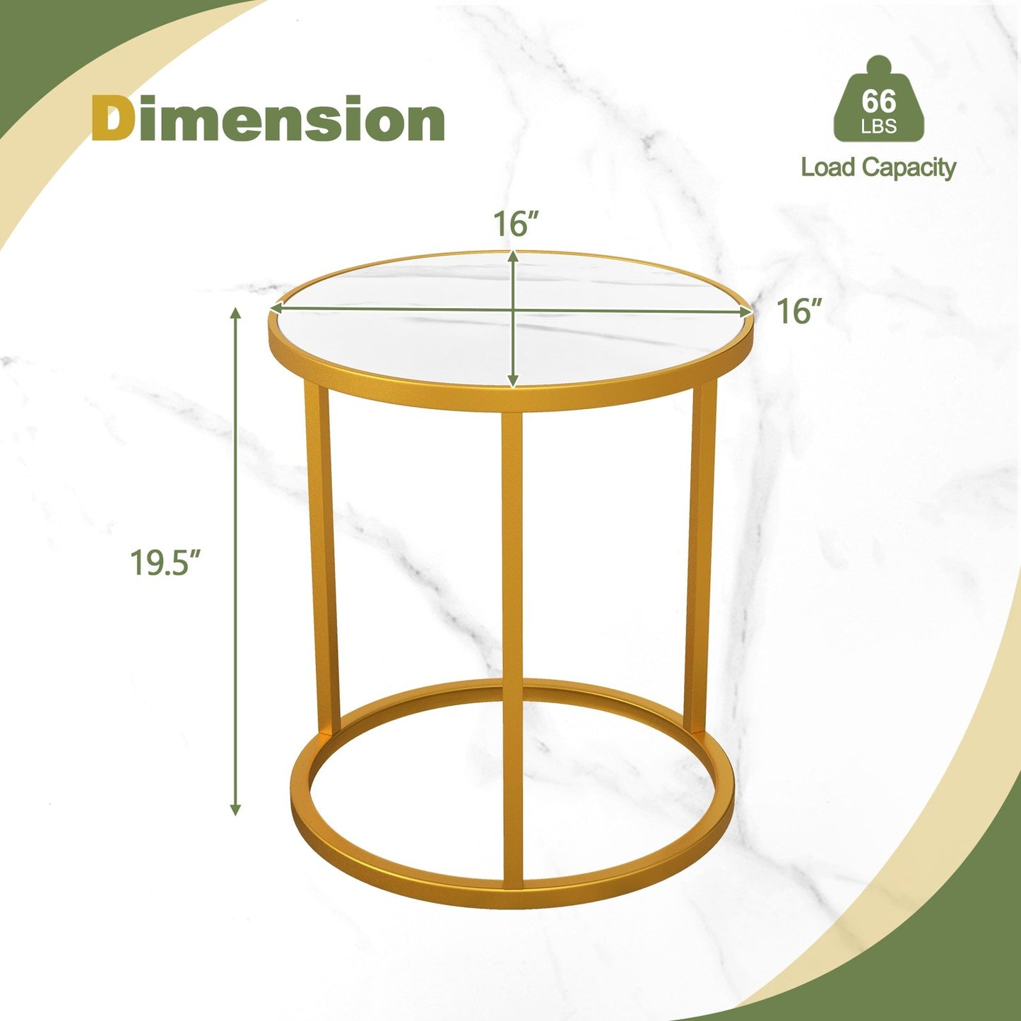 Marble Top Round Side Table 16-Inch End Table with Golden Metal Frame-2 Pieces, Golden End & Side Tables   at Gallery Canada