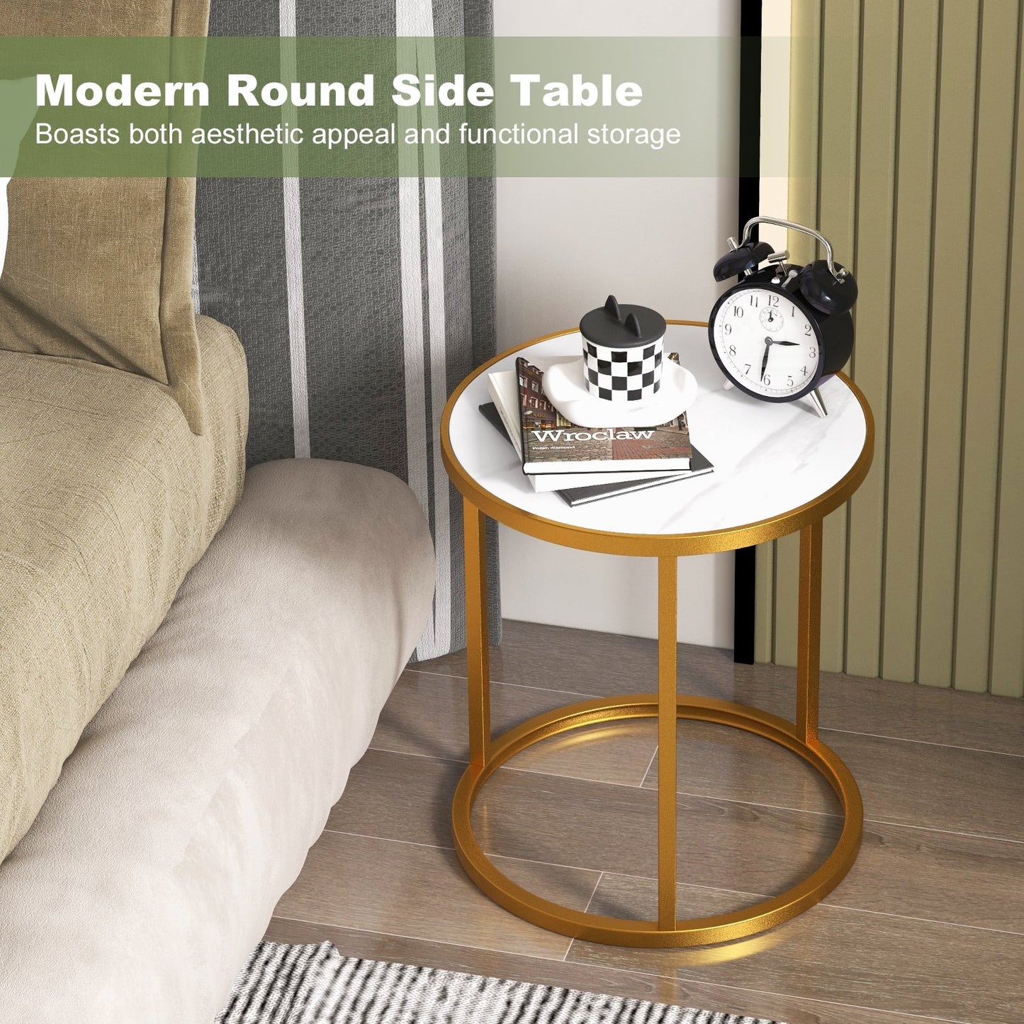 Marble Top Round Side Table 16-Inch End Table with Golden Metal Frame-2 Pieces, Golden End & Side Tables   at Gallery Canada