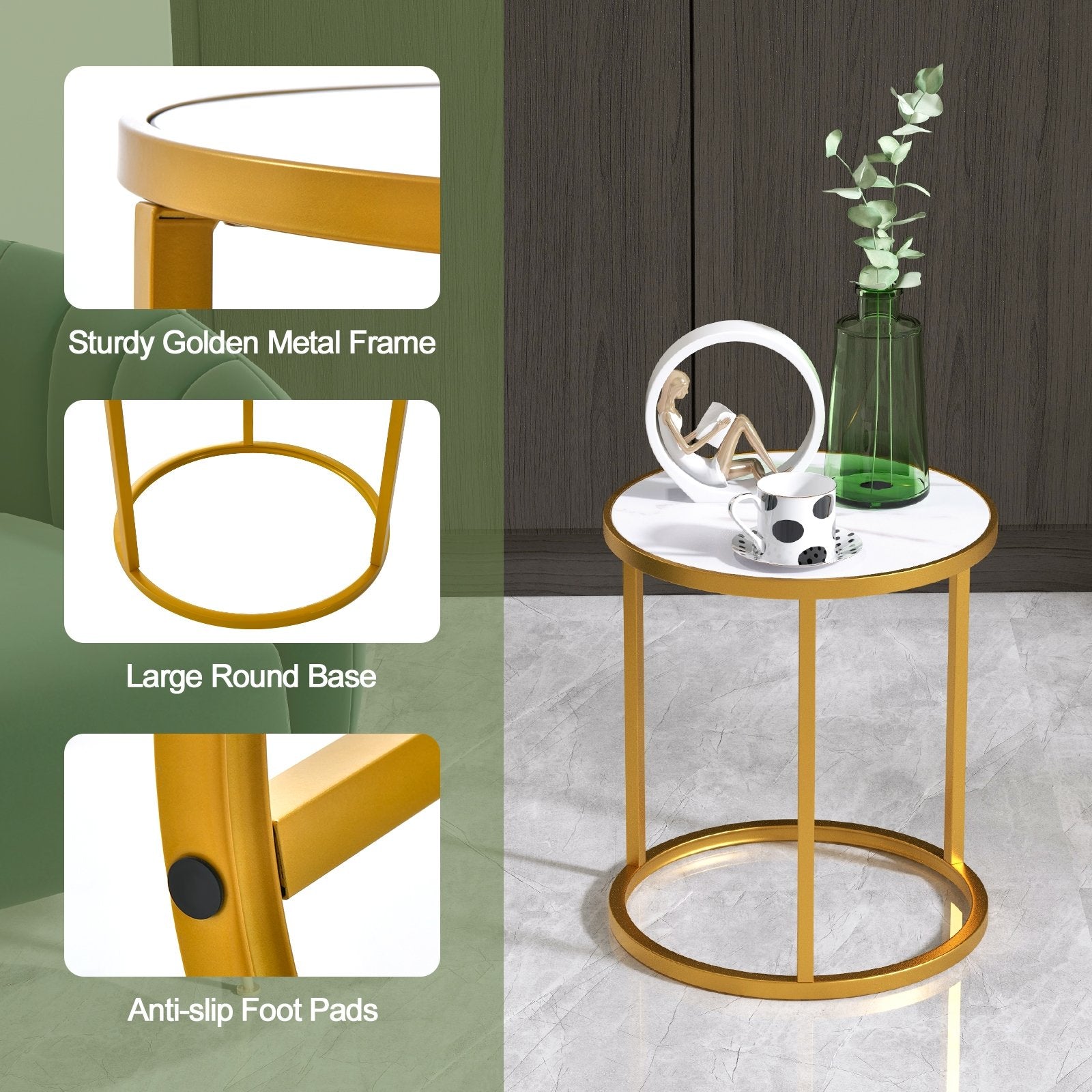 Marble Top Round Side Table 16-Inch End Table with Golden Metal Frame-2 Pieces, Golden End & Side Tables   at Gallery Canada