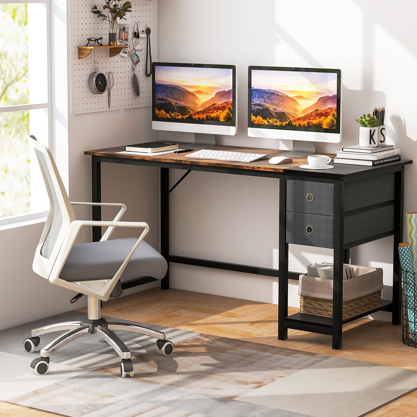 48/55-Inch Home Office Desk with 2 Drawers Hanging Hook-55 Inch, Brown Computer Desks   at Gallery Canada