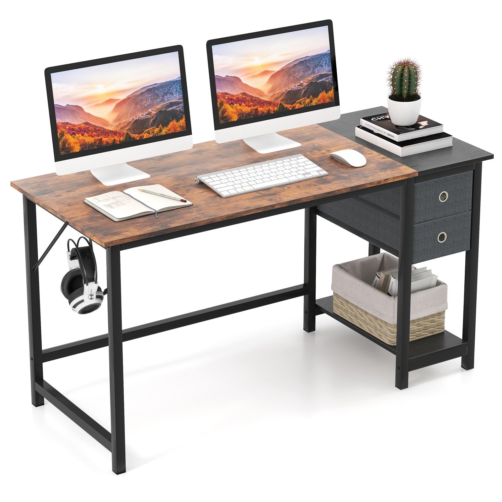 48/55-Inch Home Office Desk with 2 Drawers Hanging Hook-55 Inch, Brown Computer Desks   at Gallery Canada